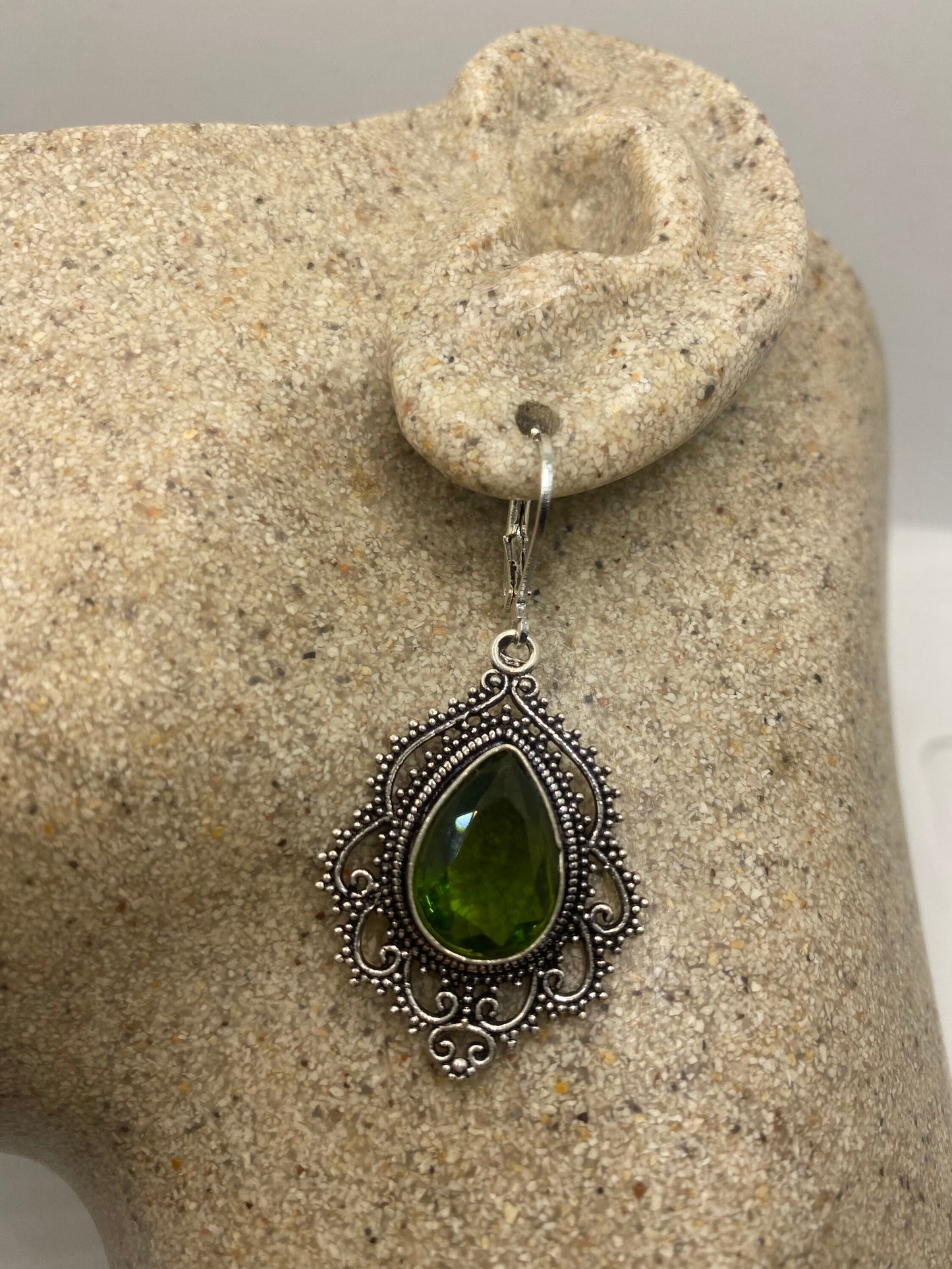 Antique Vintage Green Peridot Silver Dangle Earrings