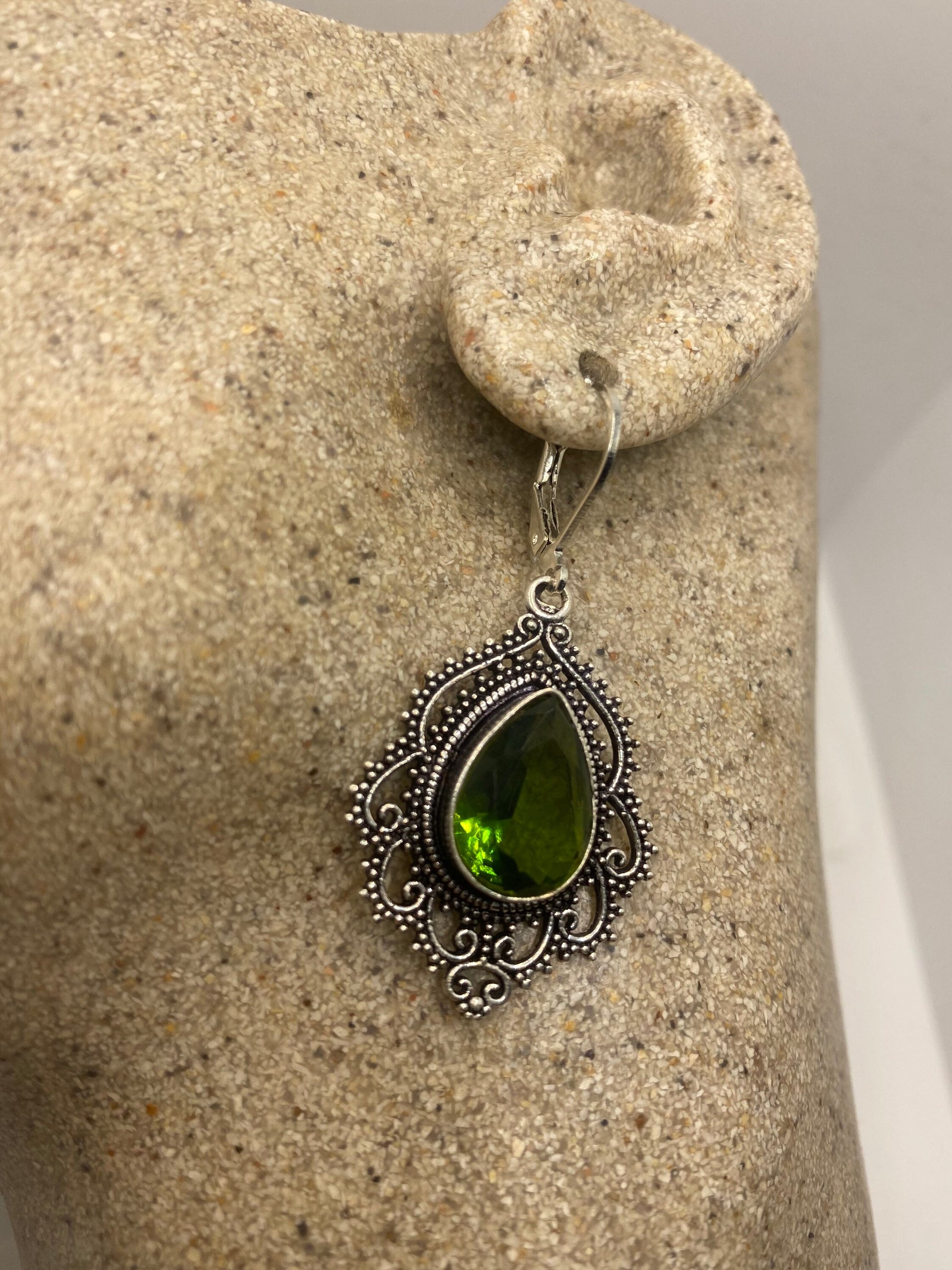 Antique Vintage Green Peridot Silver Dangle Earrings