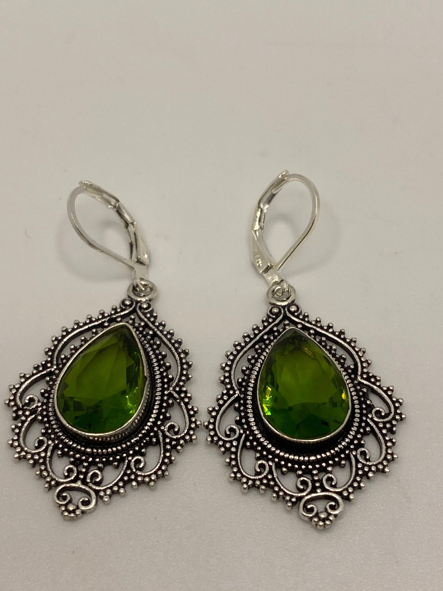 Antique Vintage Green Peridot Silver Dangle Earrings