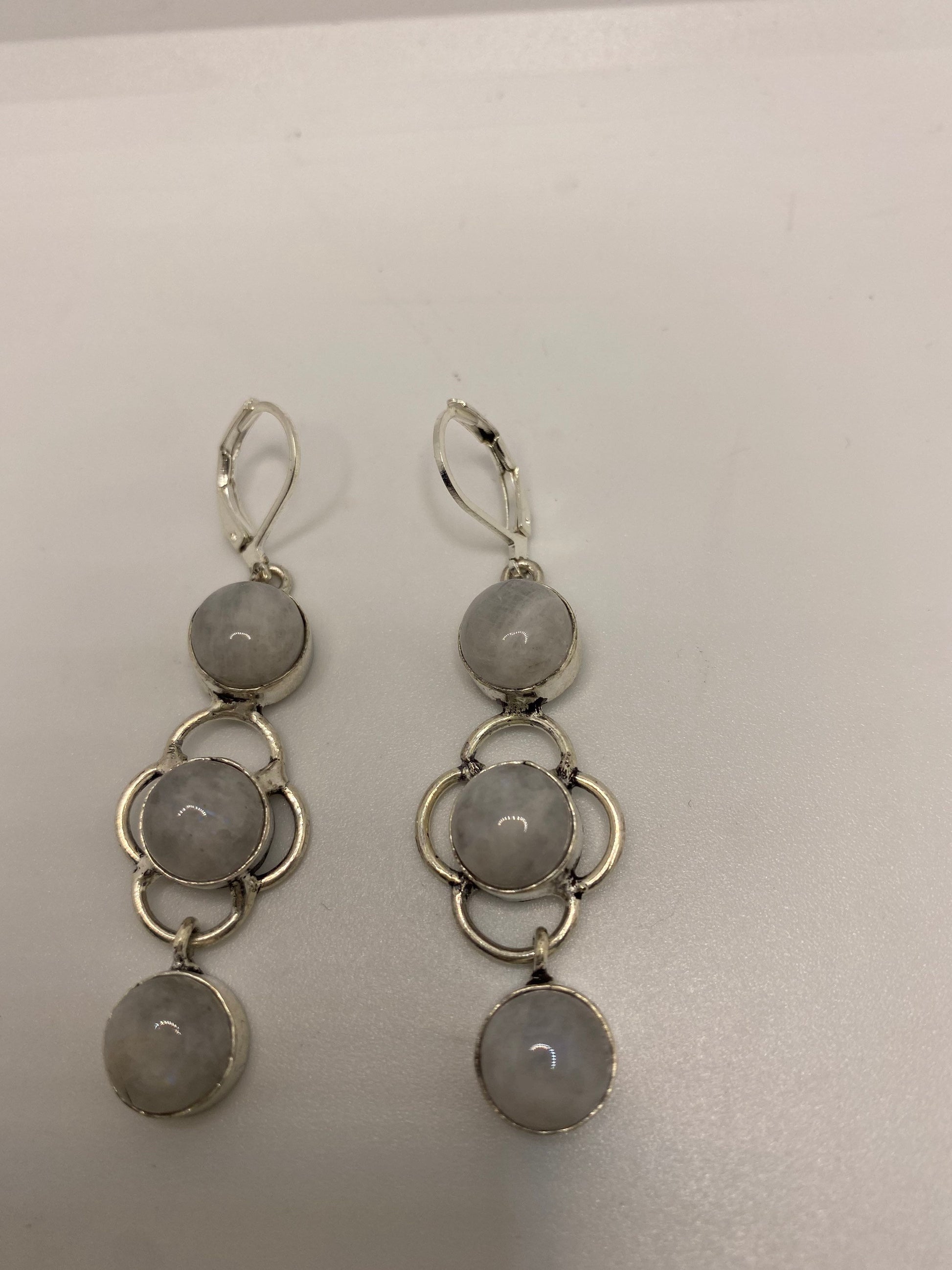 Vintage Rainbow Moonstone Sterling Silver Lever Back Dangle Earrings