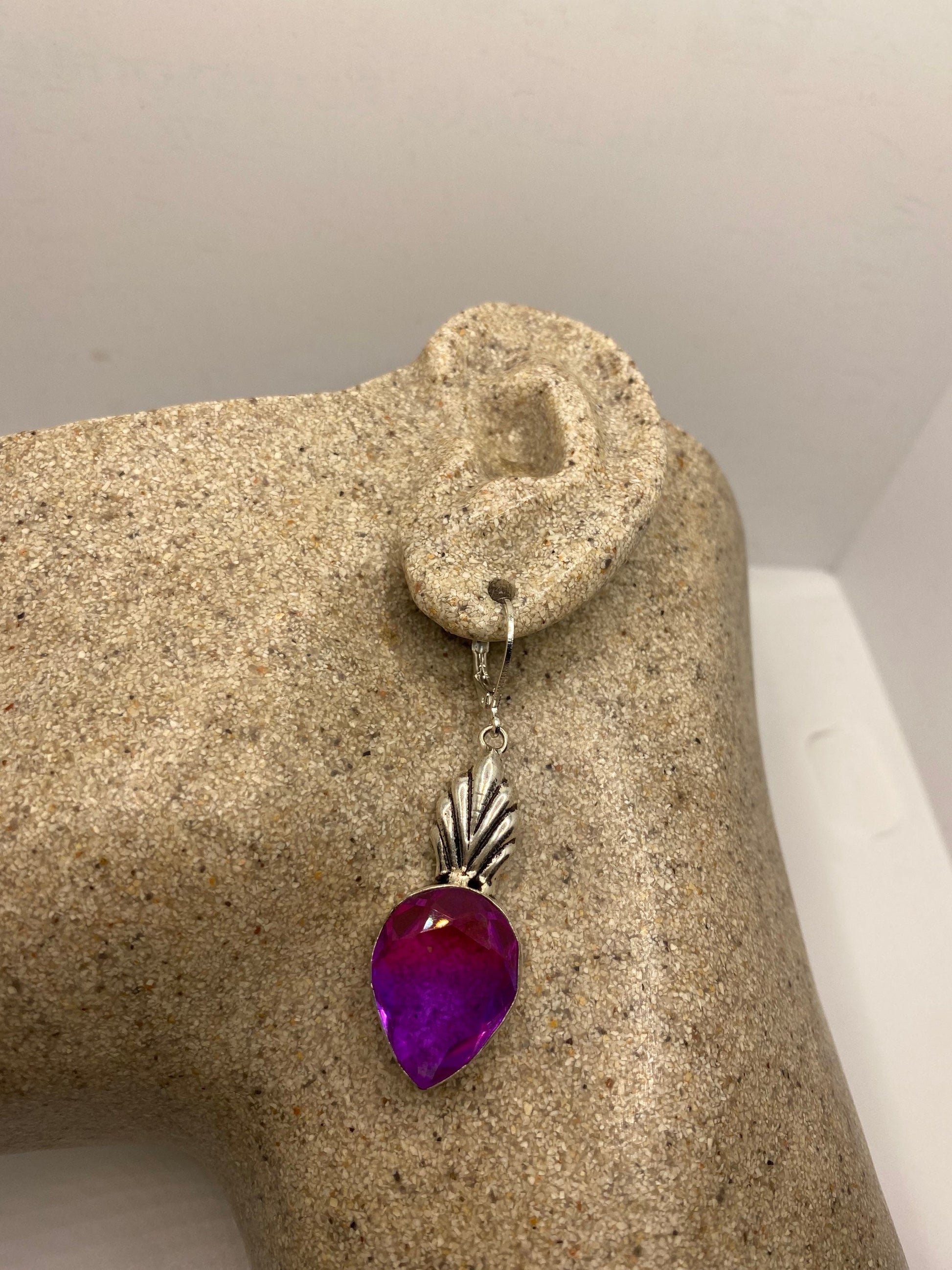 Antique Vintage Purple Volcanic Glass Silver Dangle Earrings