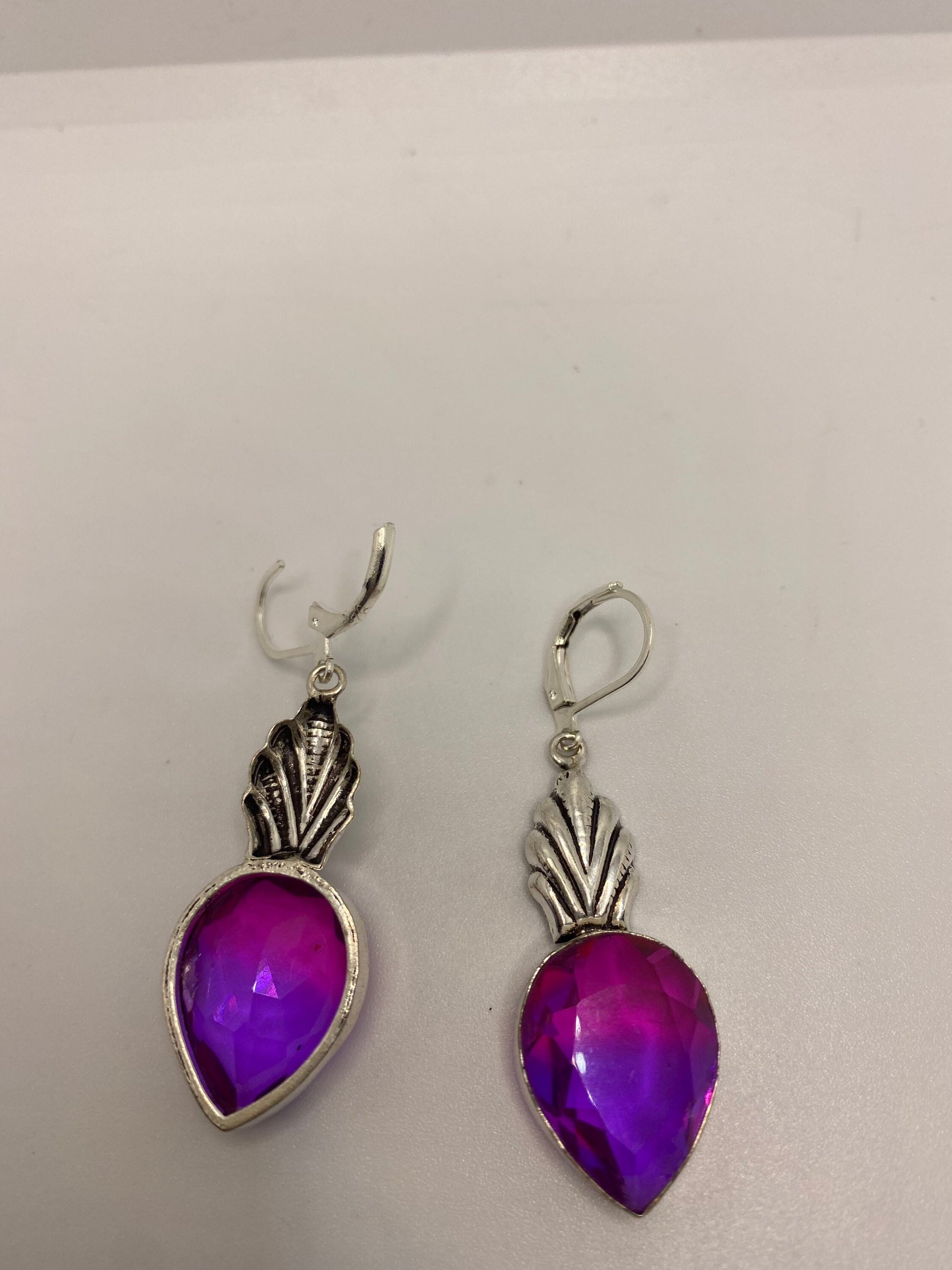 Antique Vintage Purple Volcanic Glass Silver Dangle Earrings