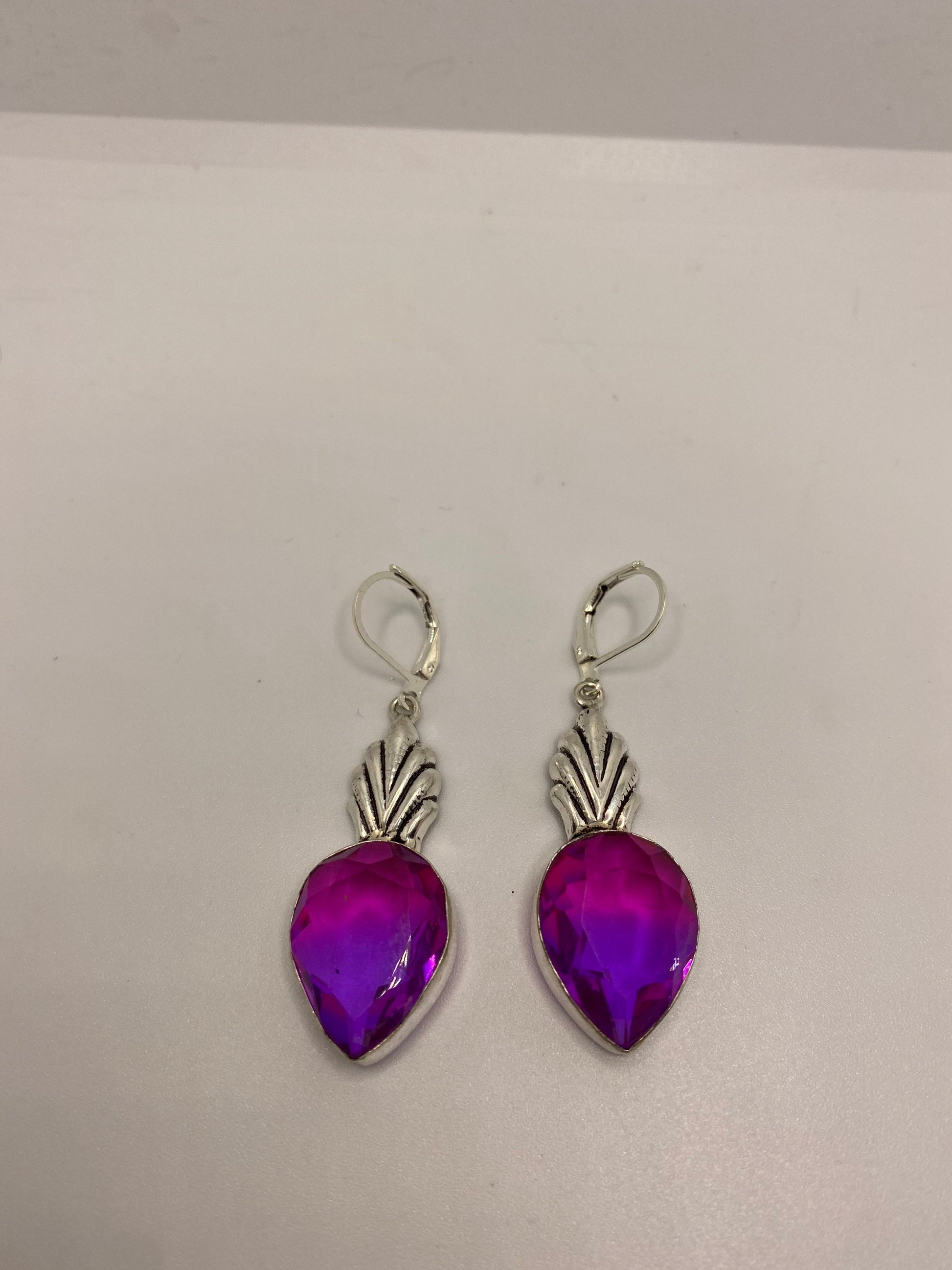 Antique Vintage Purple Volcanic Glass Silver Dangle Earrings