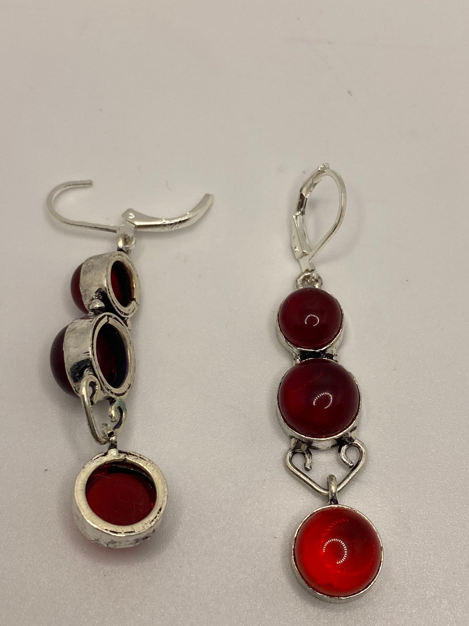 Antique Vintage Red Ruby Glass Silver Dangle Earrings