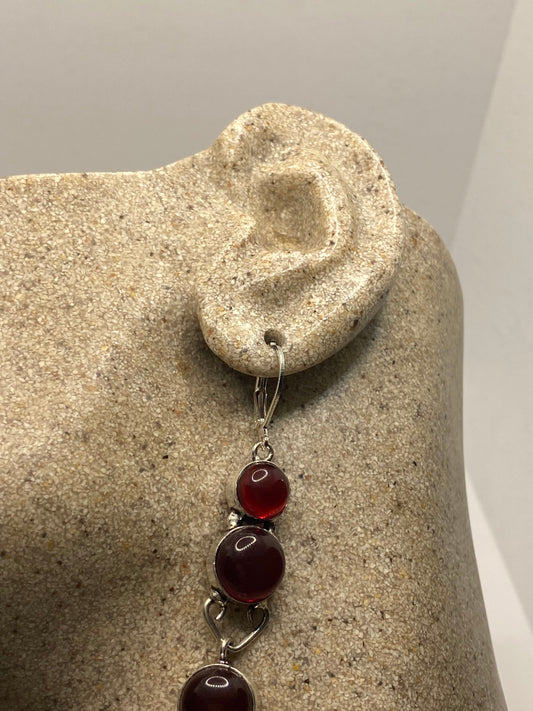 Antique Vintage Red Ruby Glass Silver Dangle Earrings