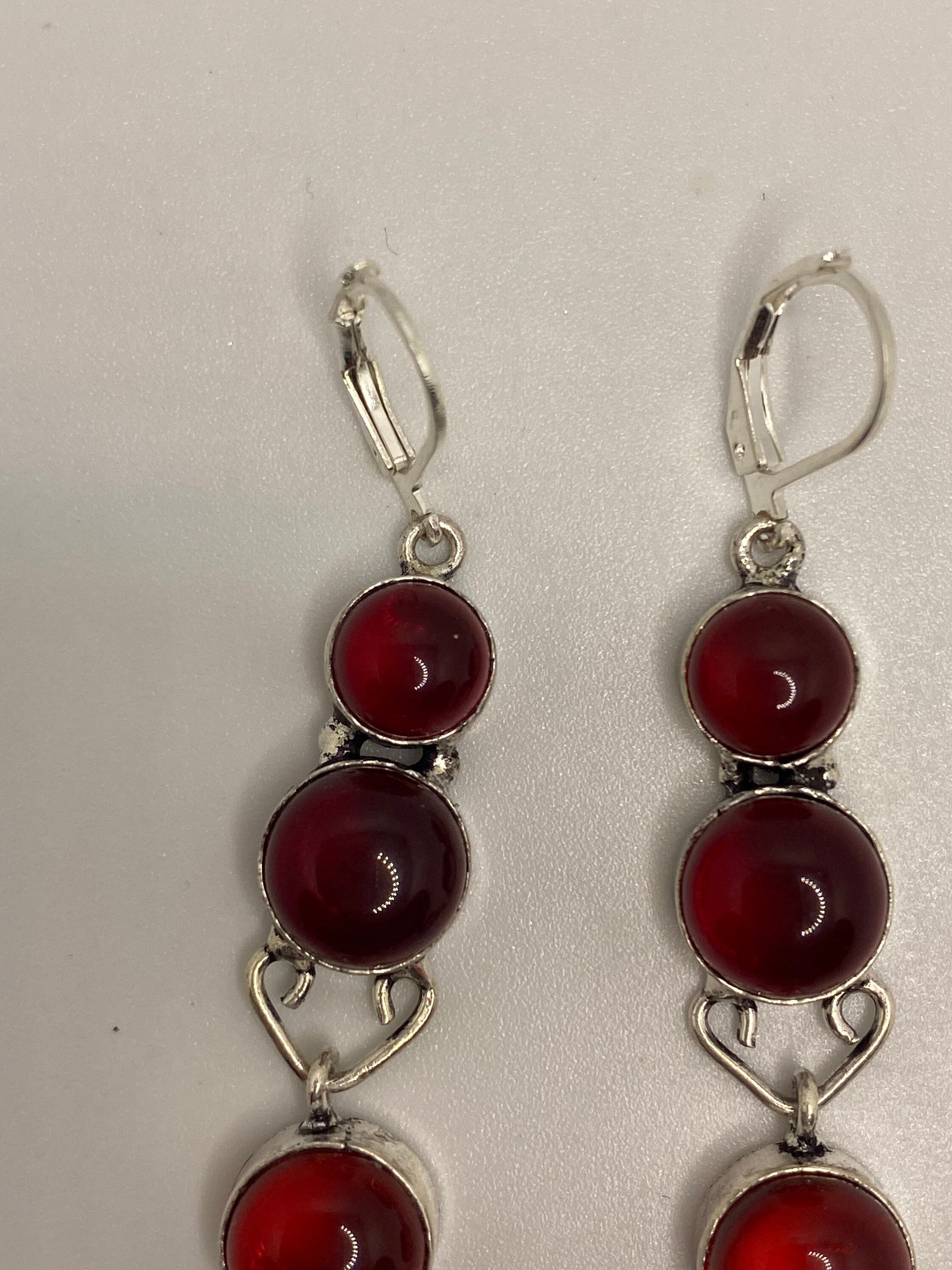 Antique Vintage Red Ruby Glass Silver Dangle Earrings