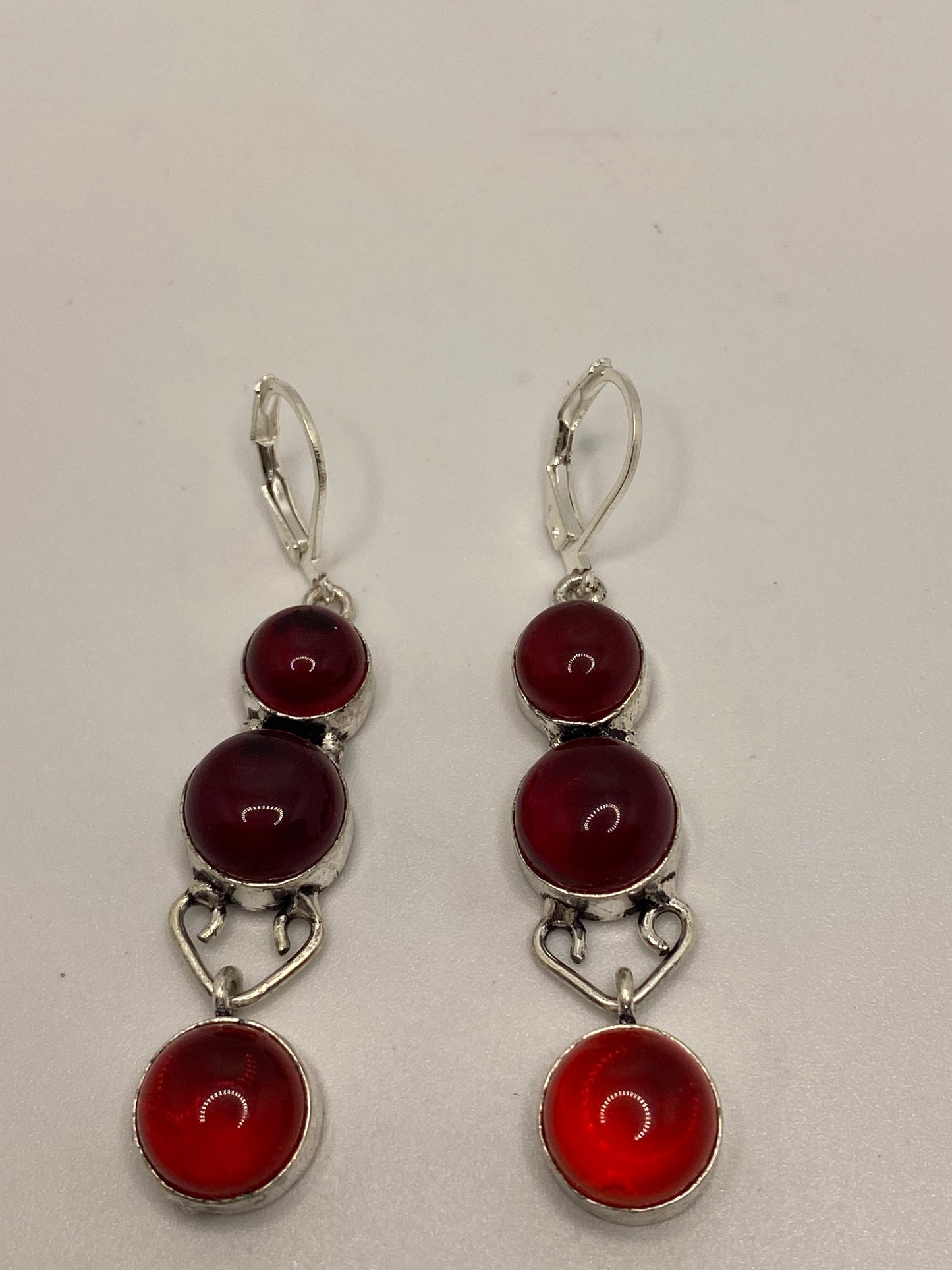 Antique Vintage Red Ruby Glass Silver Dangle Earrings