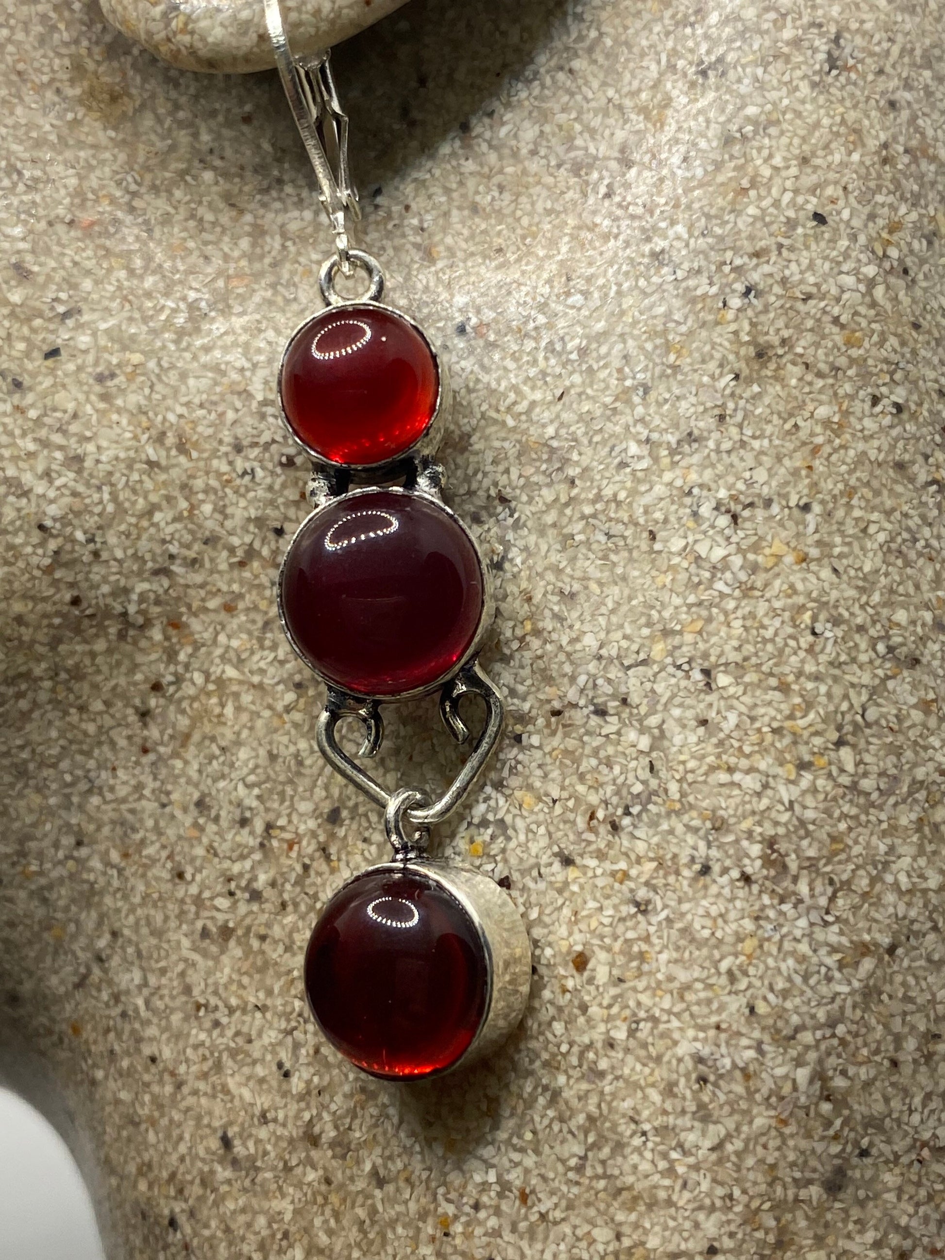 Antique Vintage Red Ruby Glass Silver Dangle Earrings