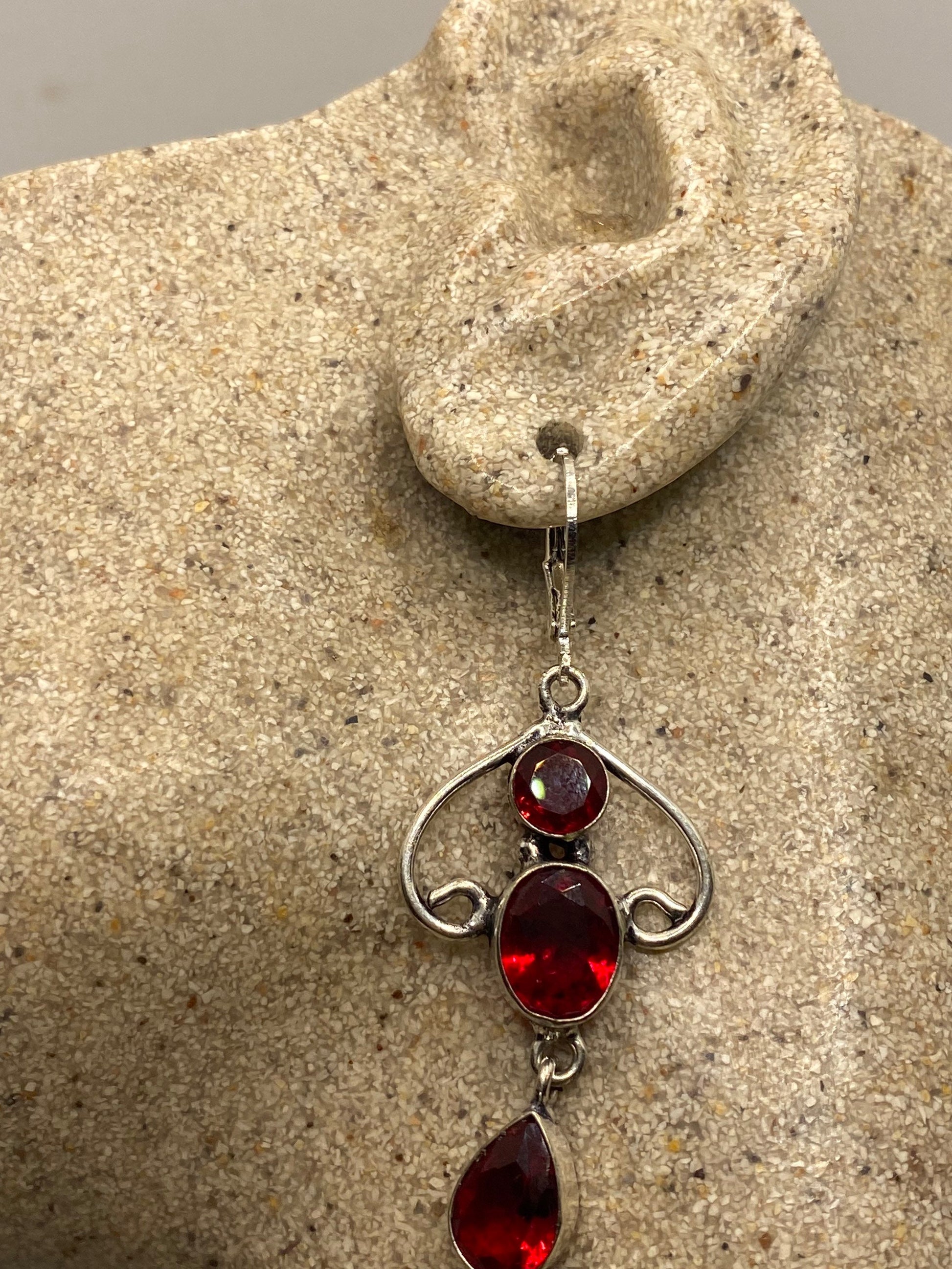 Antique Vintage Red Ruby Glass Silver Dangle Earrings