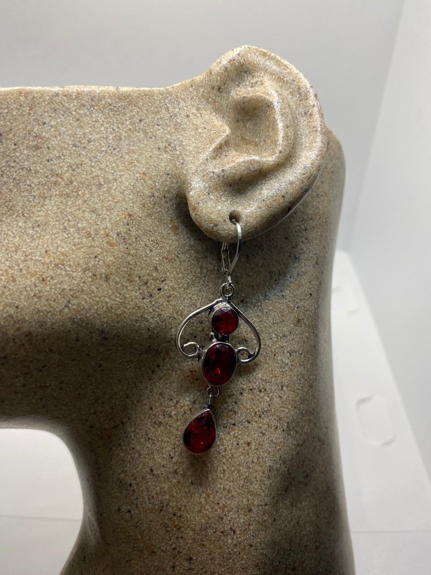 Antique Vintage Red Ruby Glass Silver Dangle Earrings