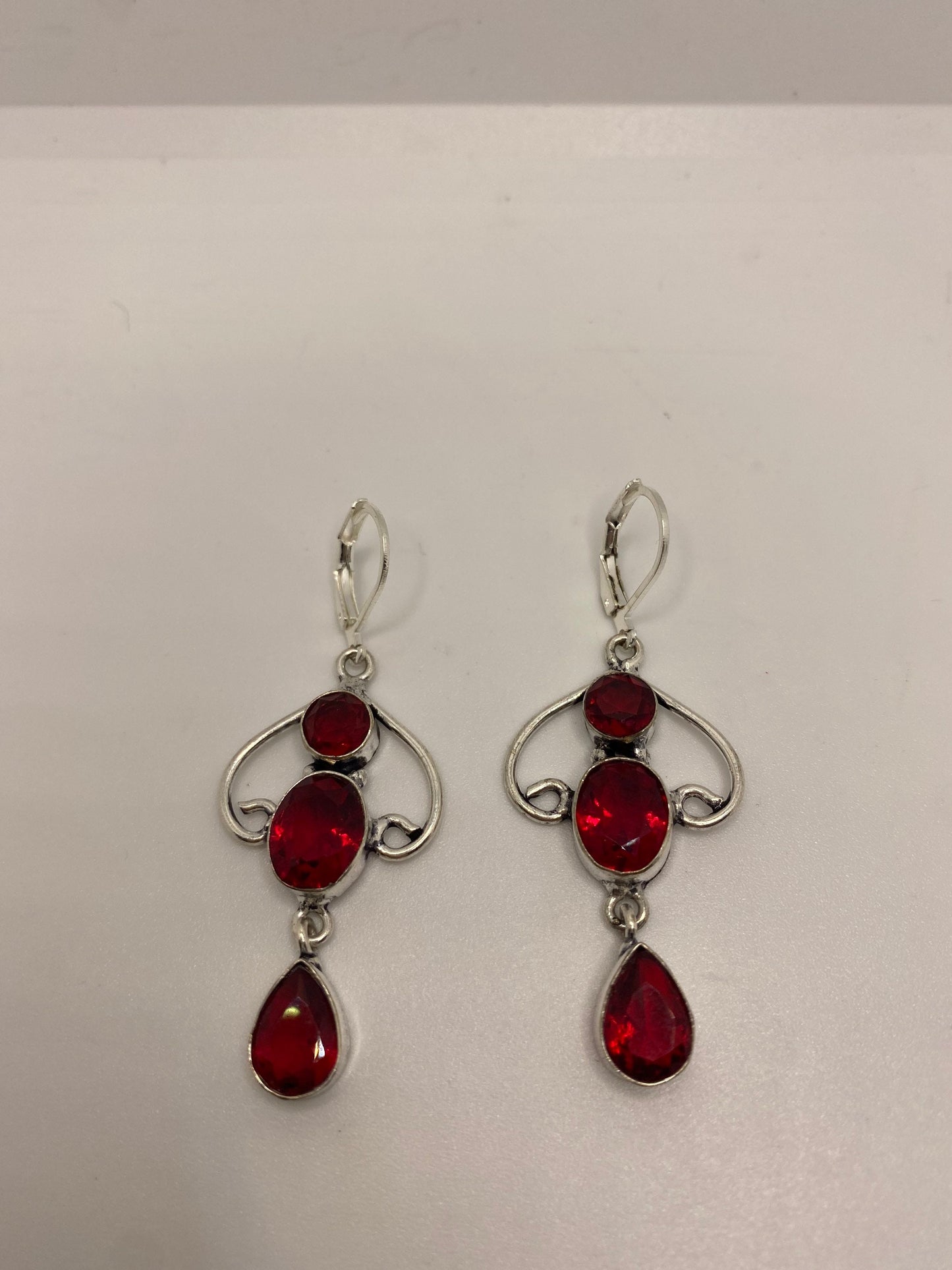 Antique Vintage Red Ruby Glass Silver Dangle Earrings