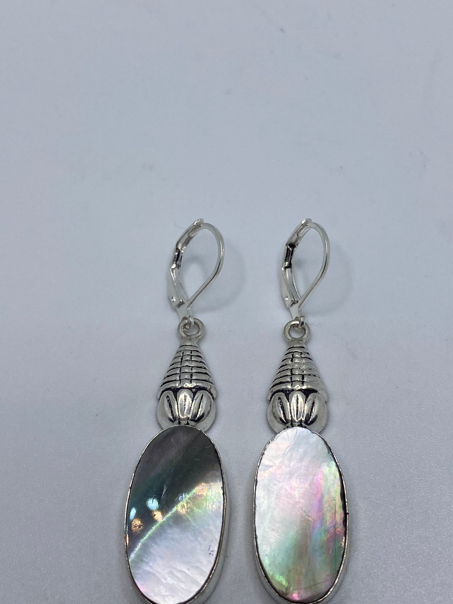 Antique Vintage Mother of Pearl Silver Heart Dangle Earrings