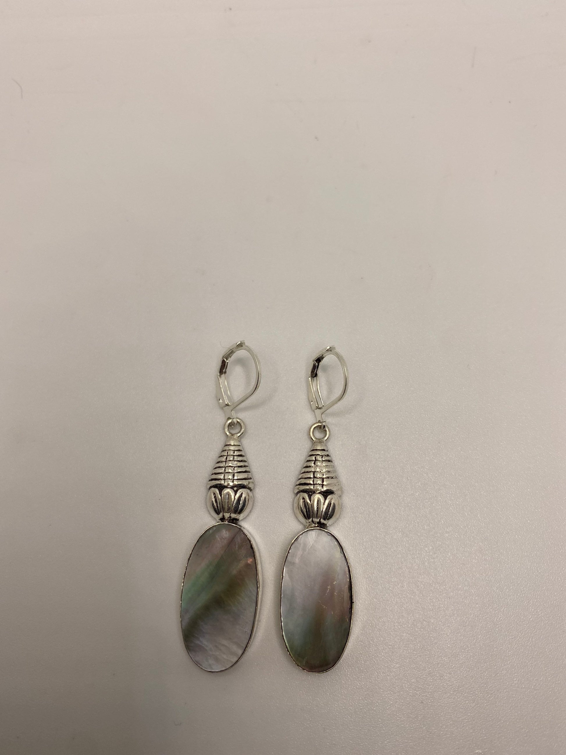 Antique Vintage Mother of Pearl Silver Heart Dangle Earrings