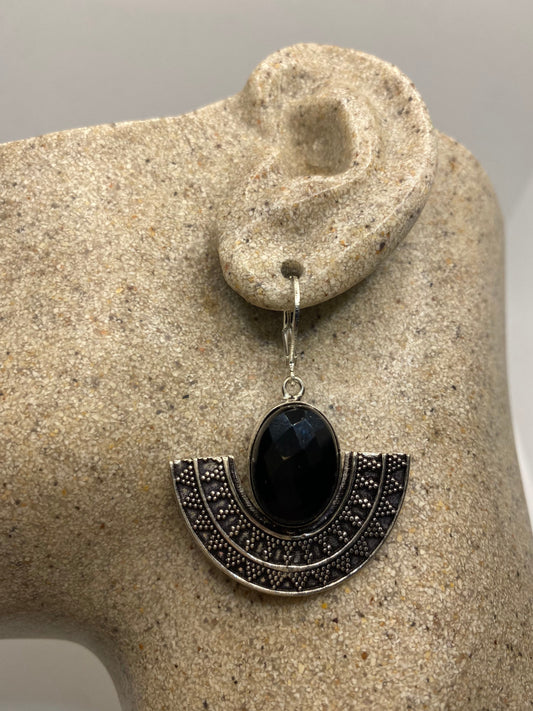 Vintage Black Earring Onyx 925 Sterling Silver Deco Dangle Chandelier