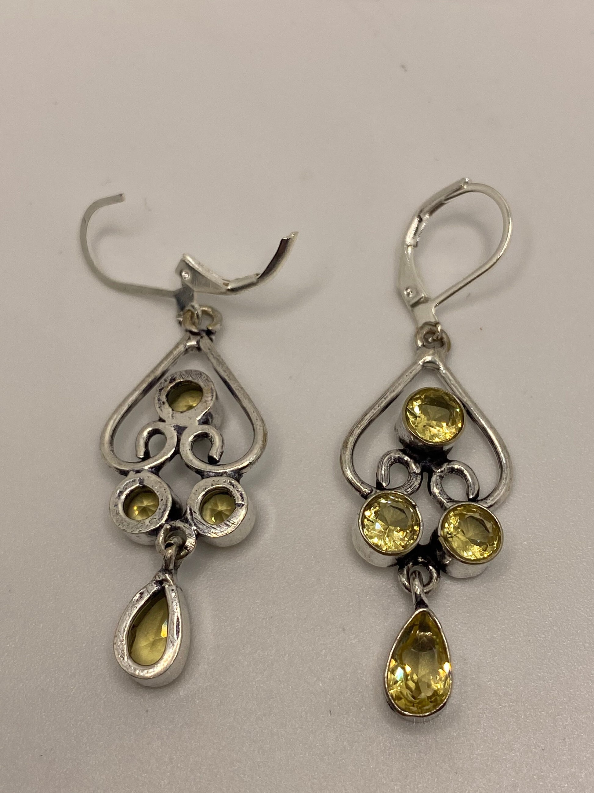 Vintage Golden Citrine Earrings 925 Sterling Silver Deco Dangle Chandelier