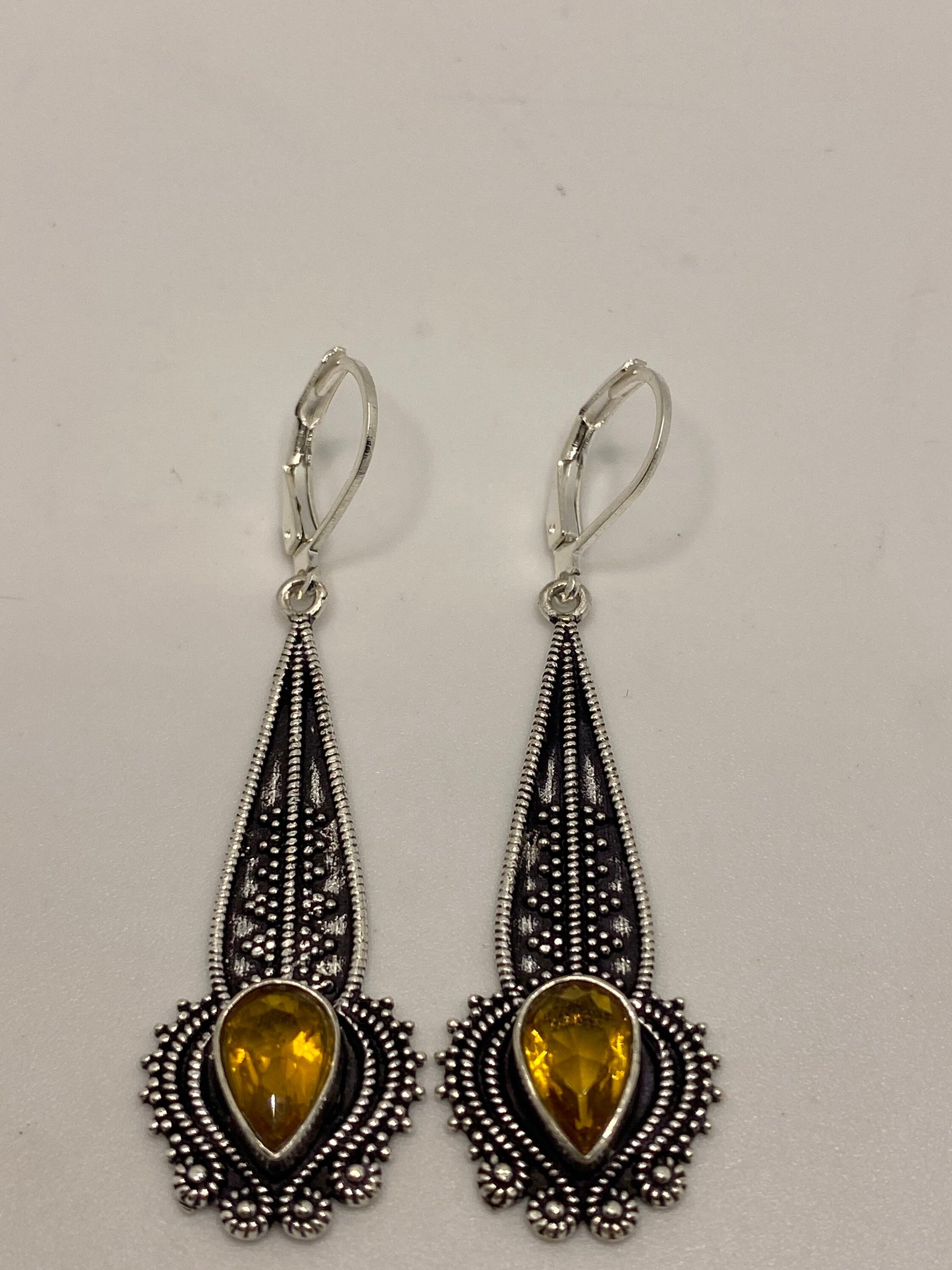 Vintage Golden Citrine Earrings 925 Sterling Silver Deco Dangle Chandelier