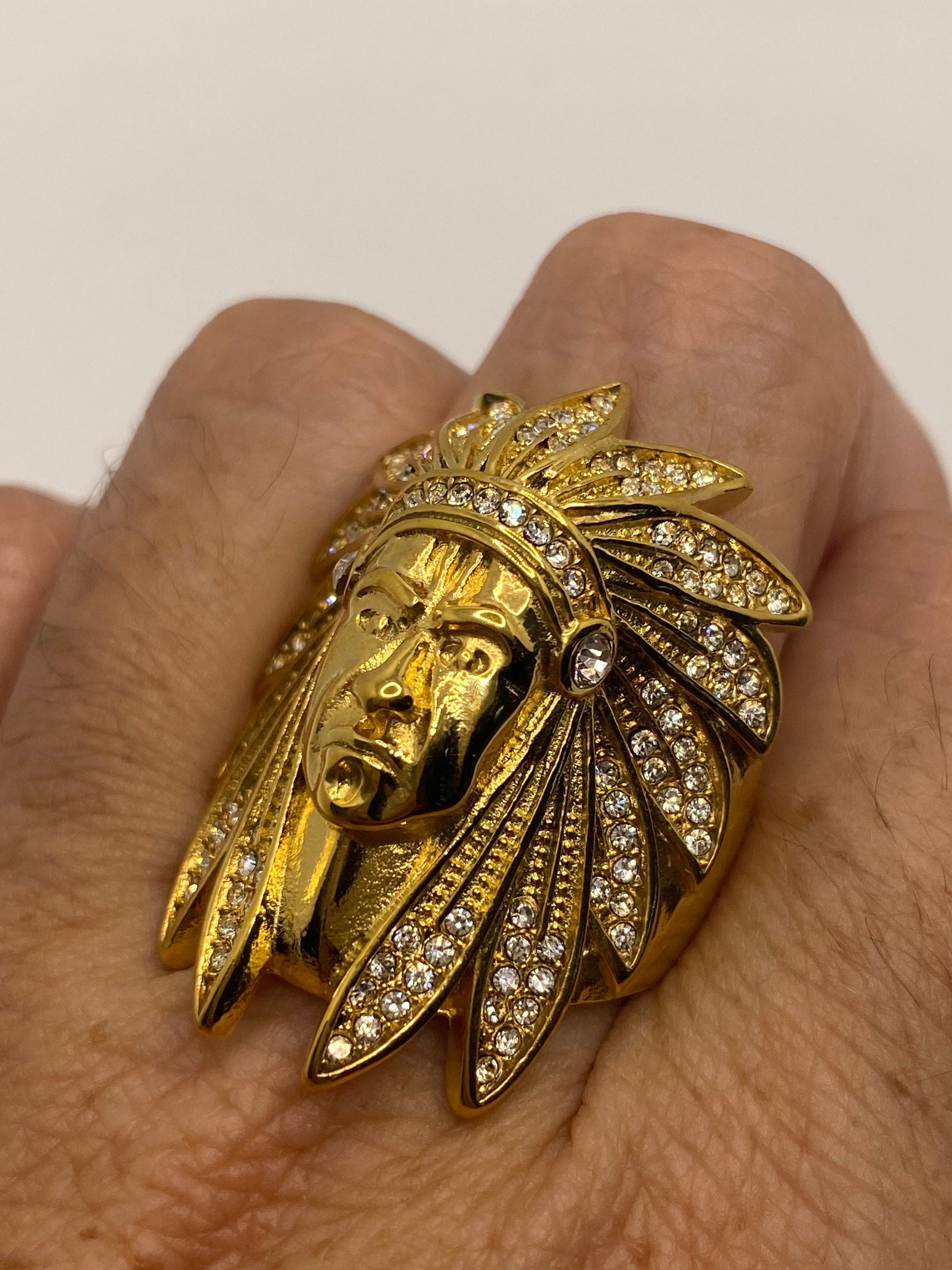 Vintage Native American Indian Chief Golden Stainless Steel Mens Ring
