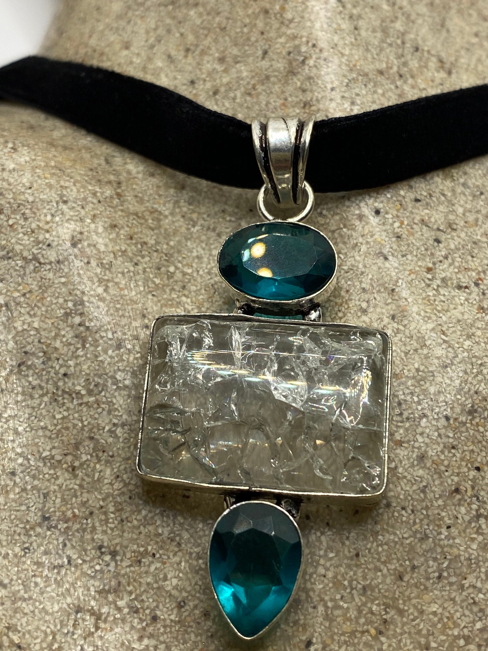 Vintage Clear Crackled Aqua Glass Antique Velvet Choker Necklace