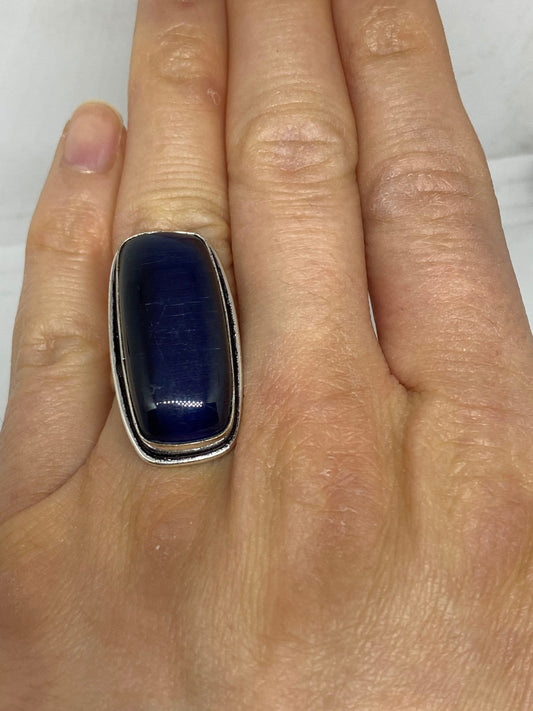 Vintage Dark Blue Cats Eye Art Glass Ring Size 7.75