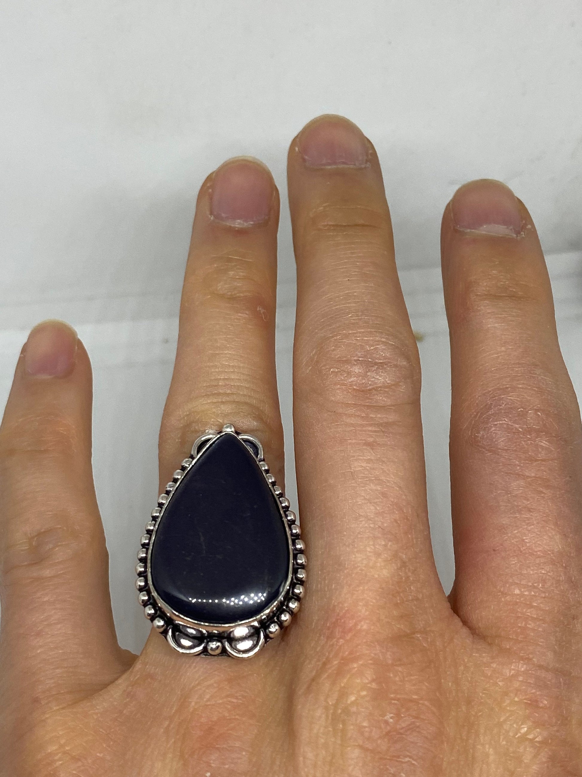 Vintage Black Obsidian Silver Cocktail Ring Size 7.5