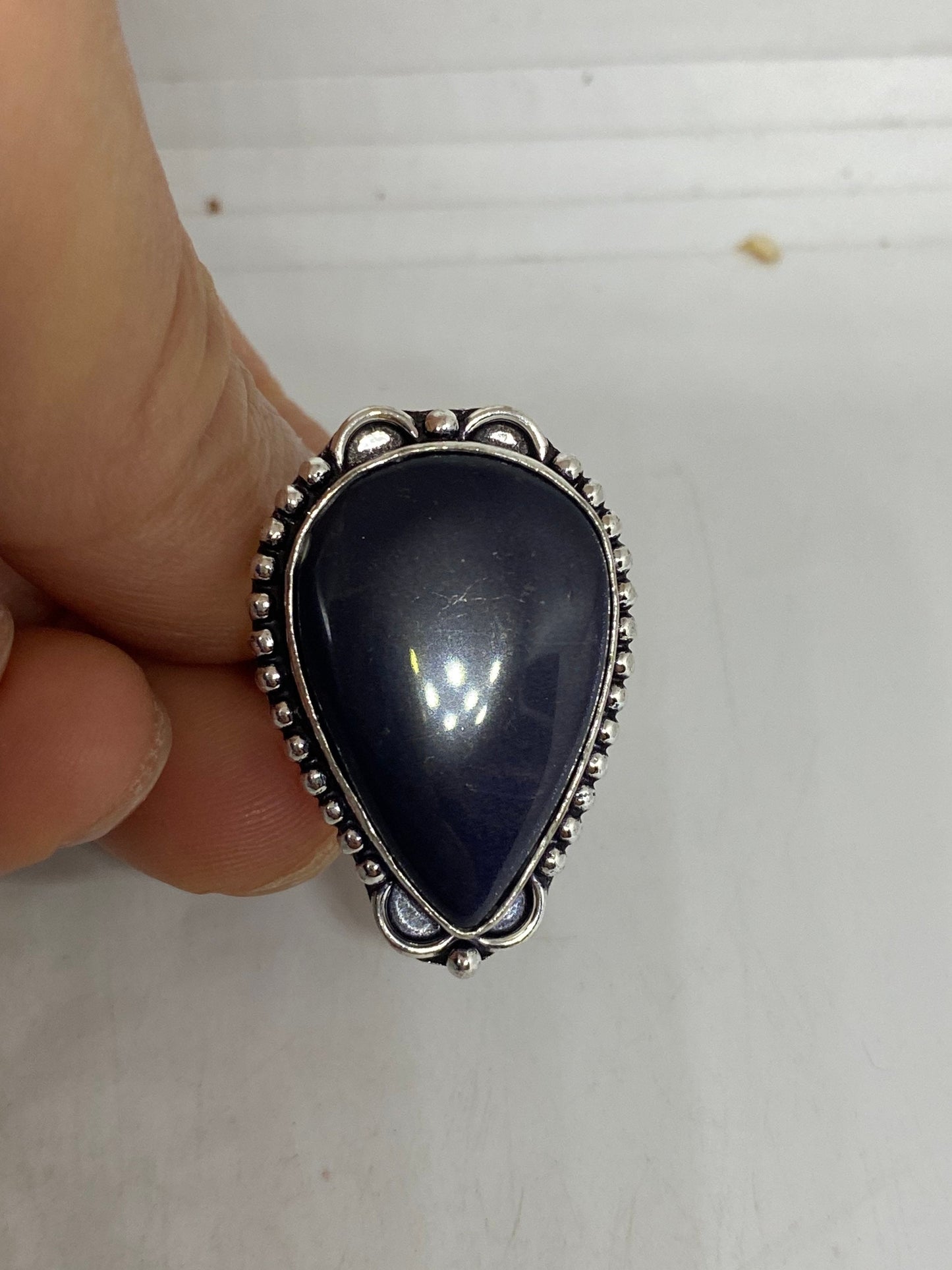 Vintage Black Obsidian Silver Cocktail Ring Size 7.5