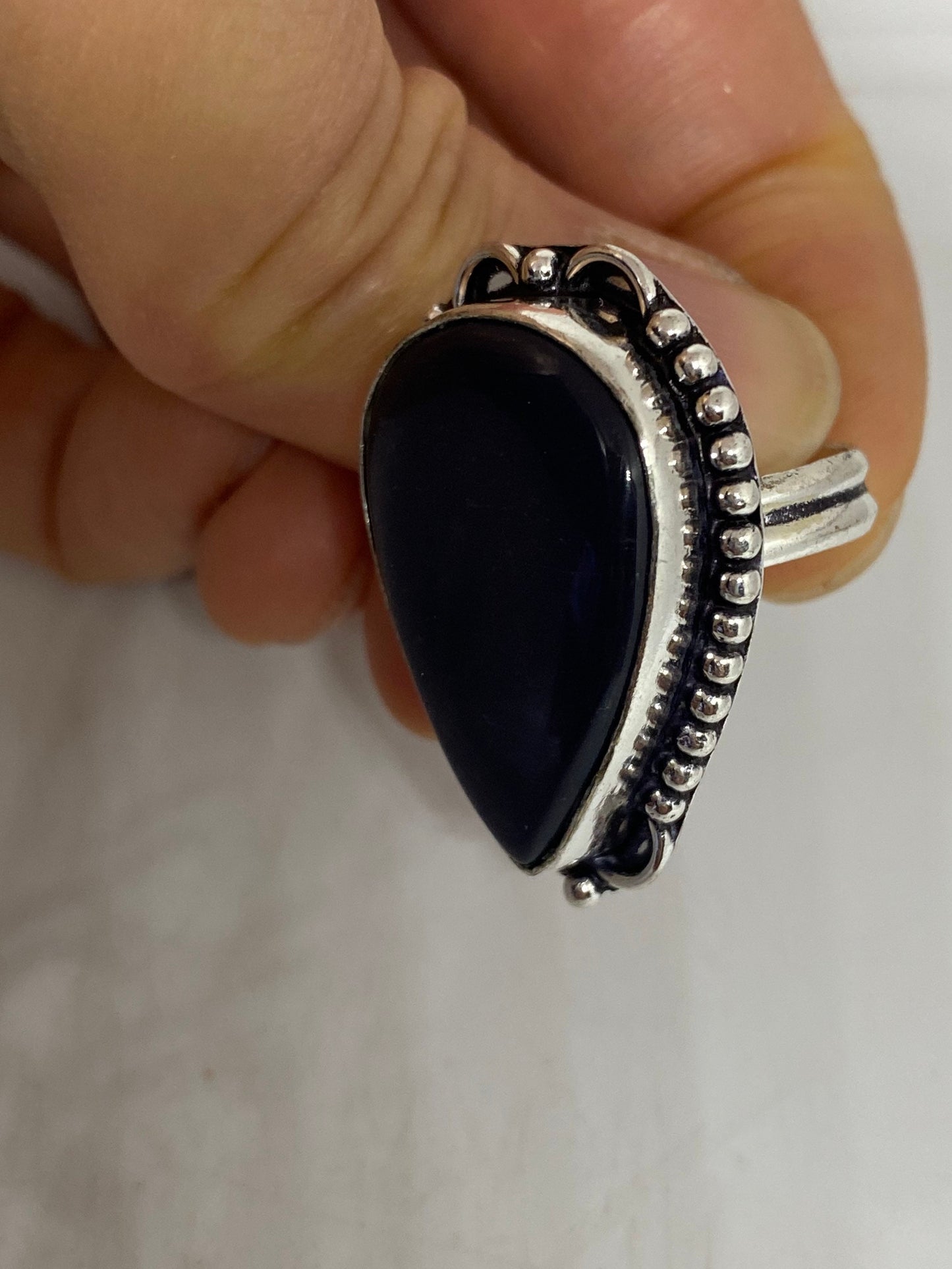 Vintage Black Obsidian Silver Cocktail Ring Size 7.5