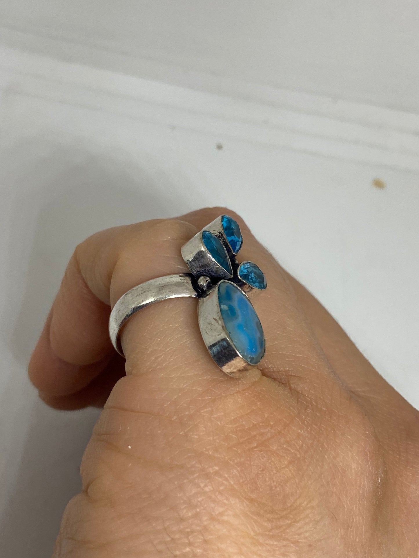 Vintage Blue Topaz and agate Silver Ring Size 7.5