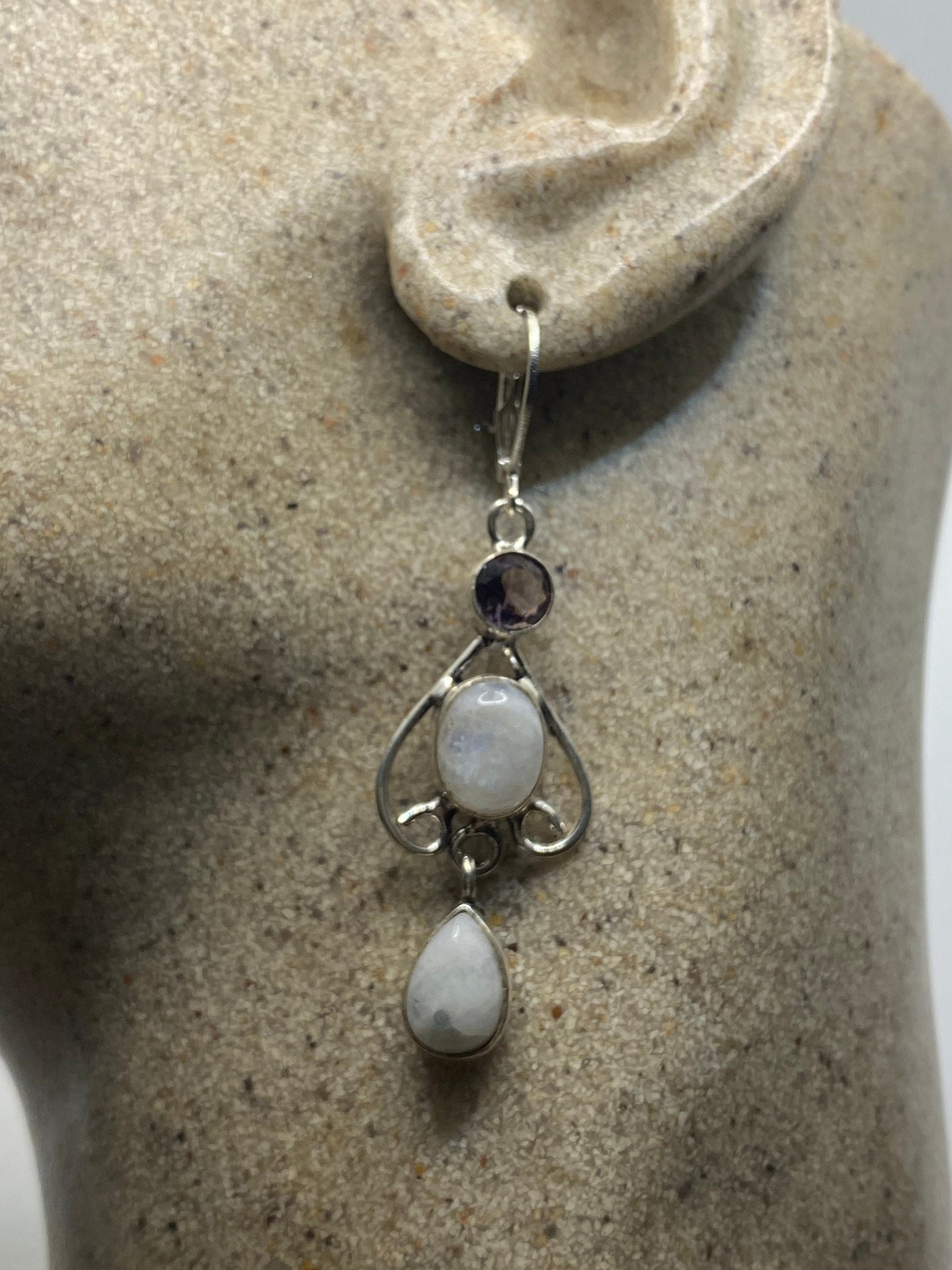 Vintage Rainbow Moonstone Sterling Silver Lever Back Dangle Earrings