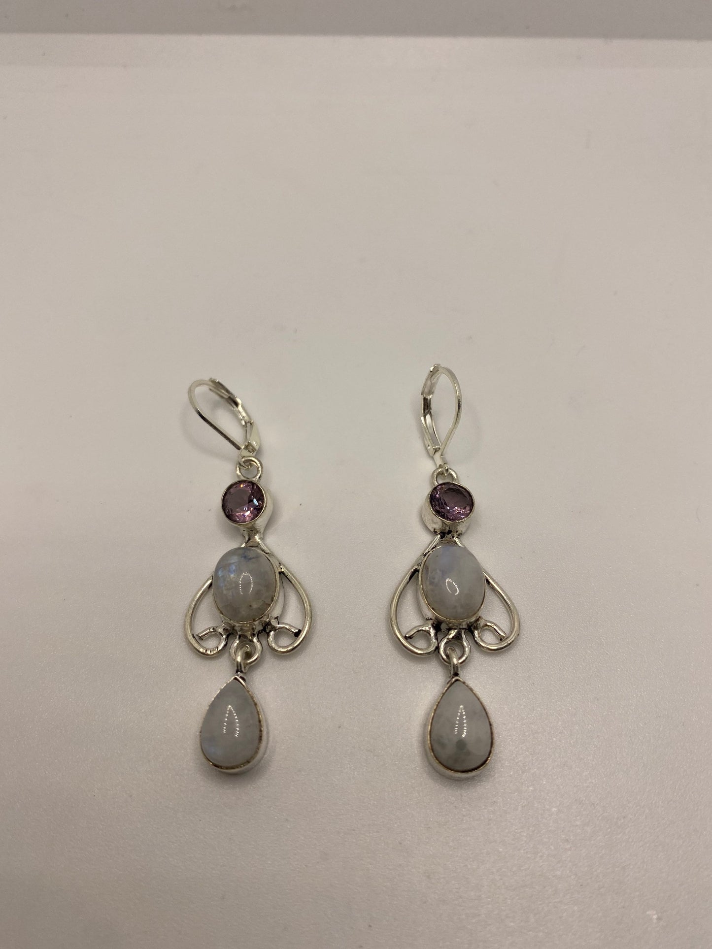 Vintage Rainbow Moonstone Sterling Silver Lever Back Dangle Earrings