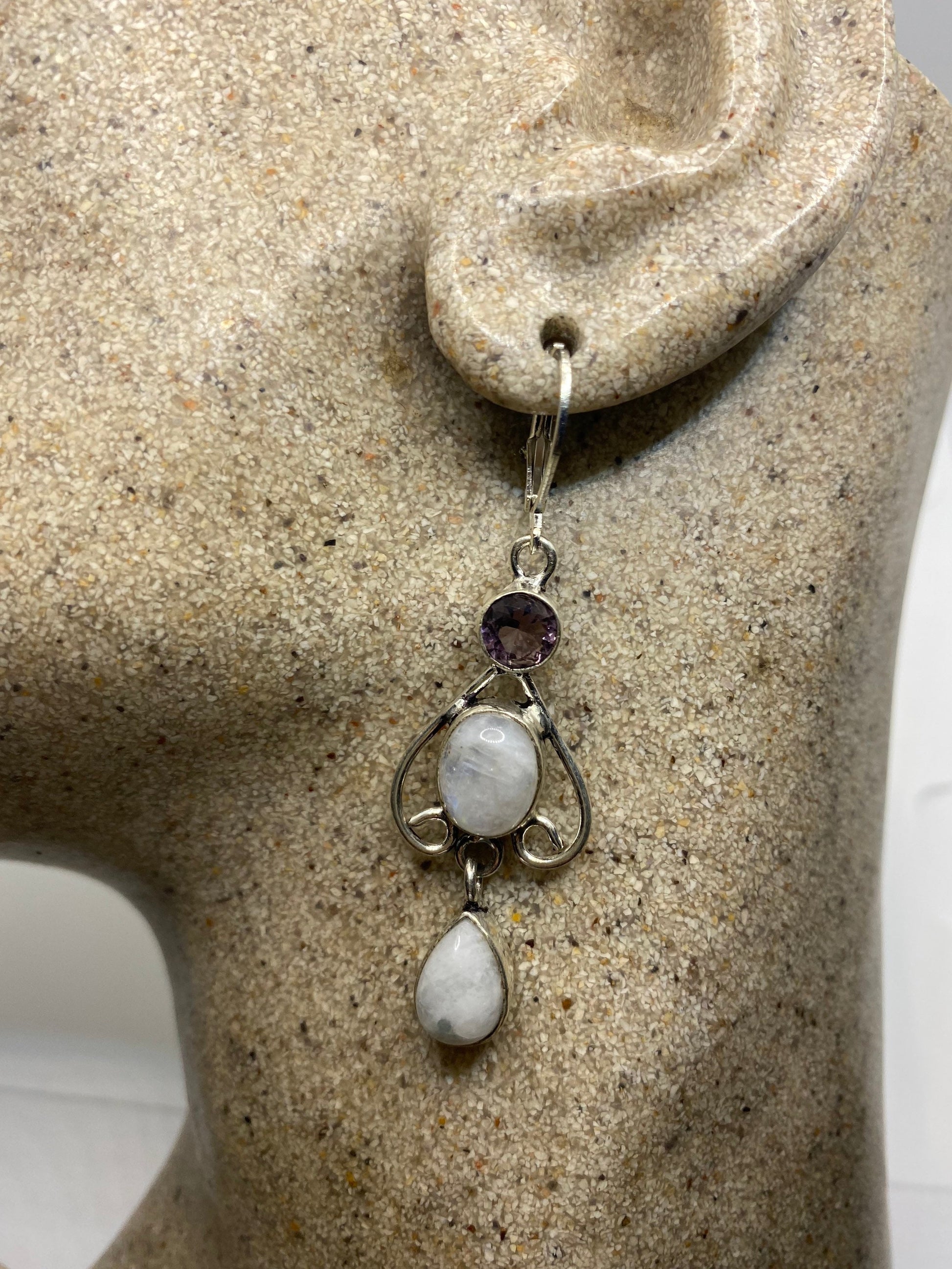 Vintage Rainbow Moonstone Sterling Silver Lever Back Dangle Earrings