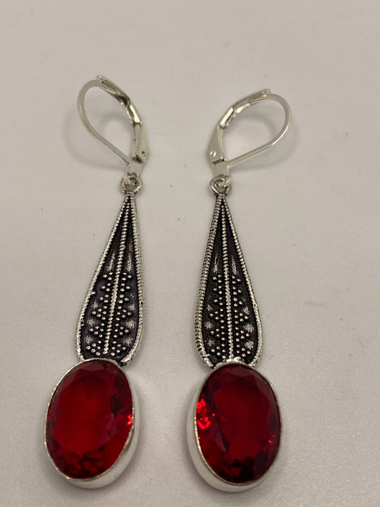 Antique Vintage Red Ruby Glass Silver Dangle Earrings