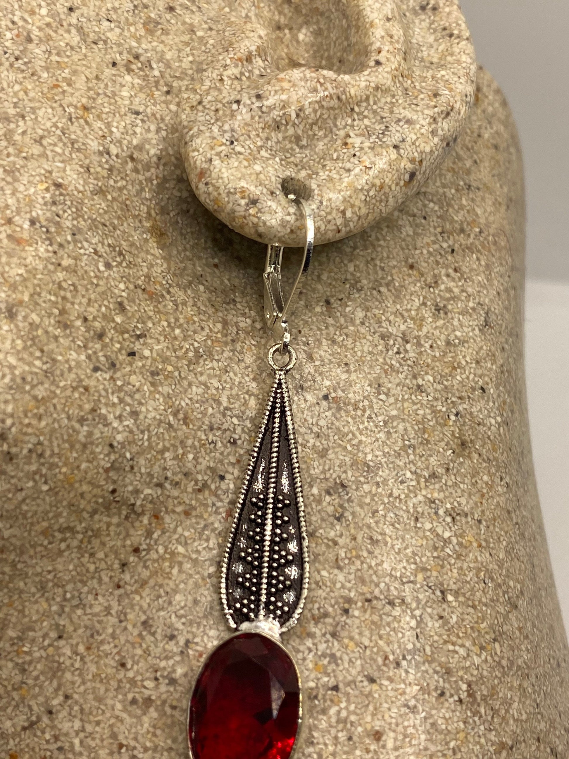 Antique Vintage Red Ruby Glass Silver Dangle Earrings