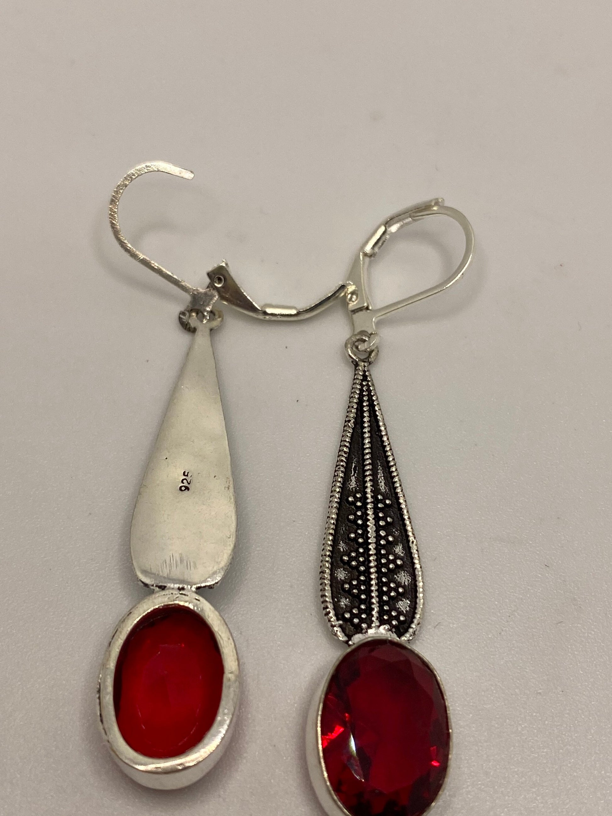 Antique Vintage Red Ruby Glass Silver Dangle Earrings