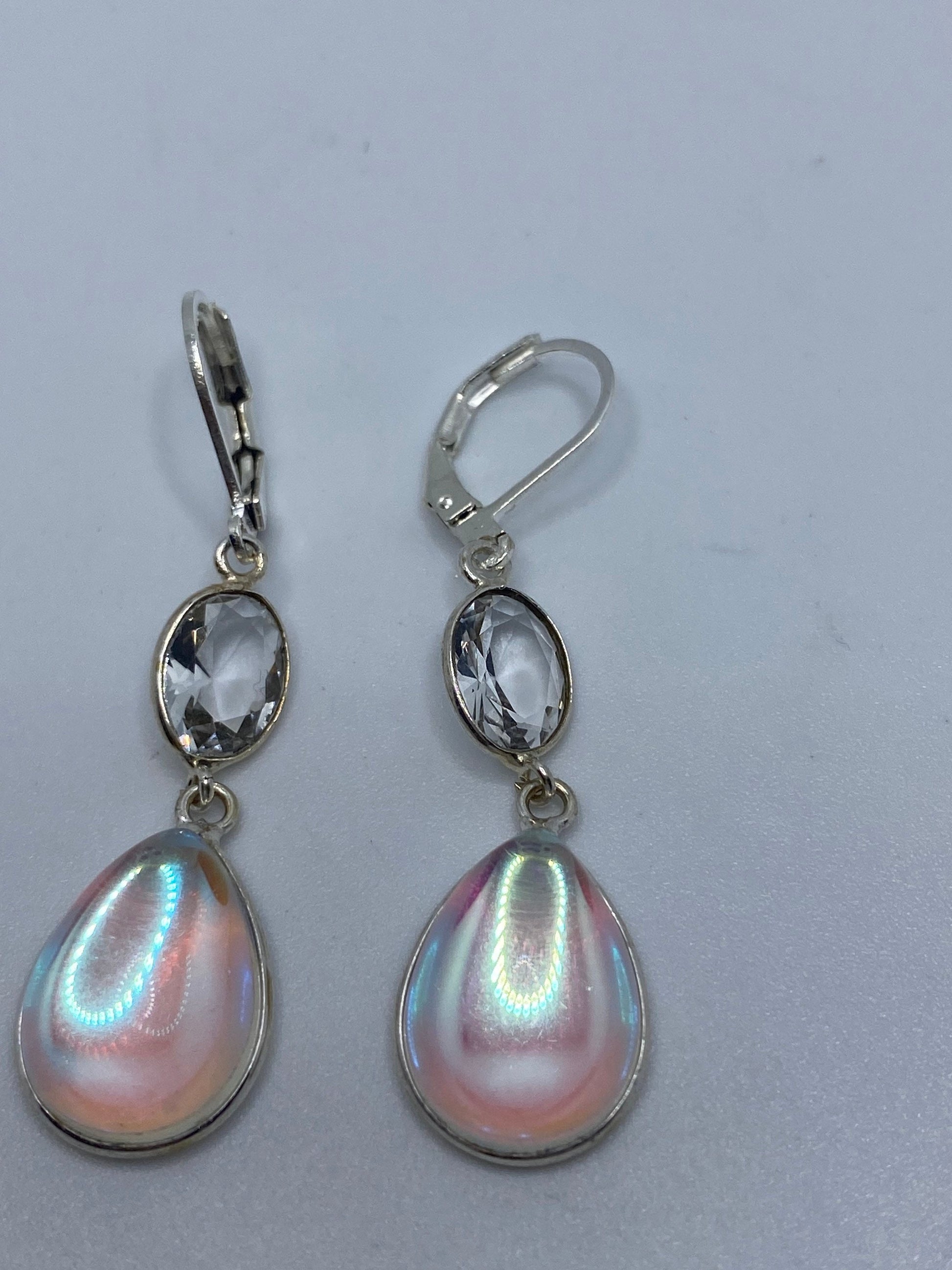 Antique Vintage White Opal Glass Silver Dangle Earrings