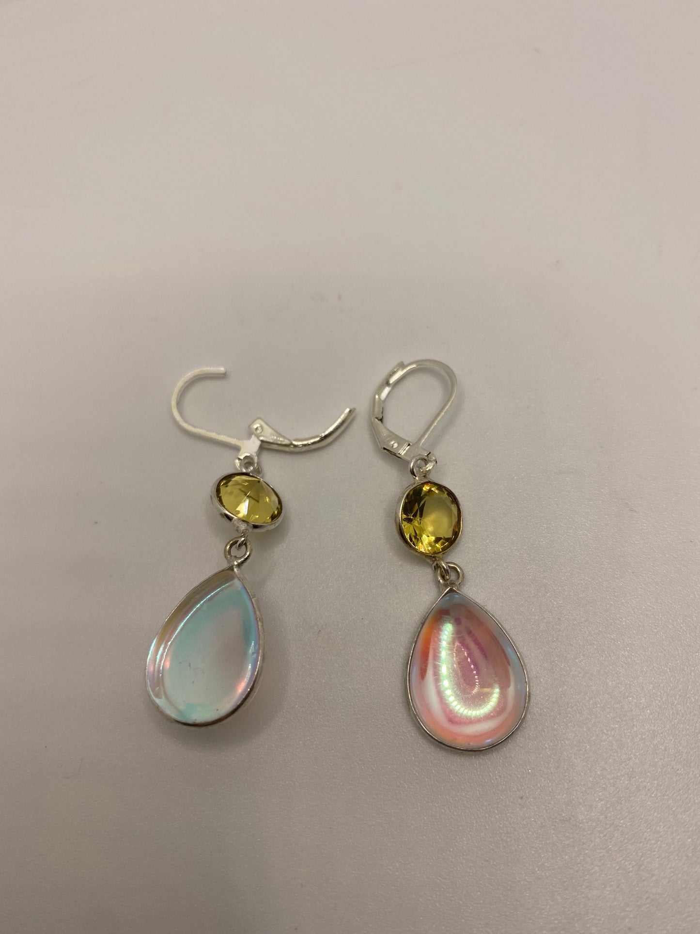 Antique Vintage White Opal Glass Citrine Silver Dangle Earrings