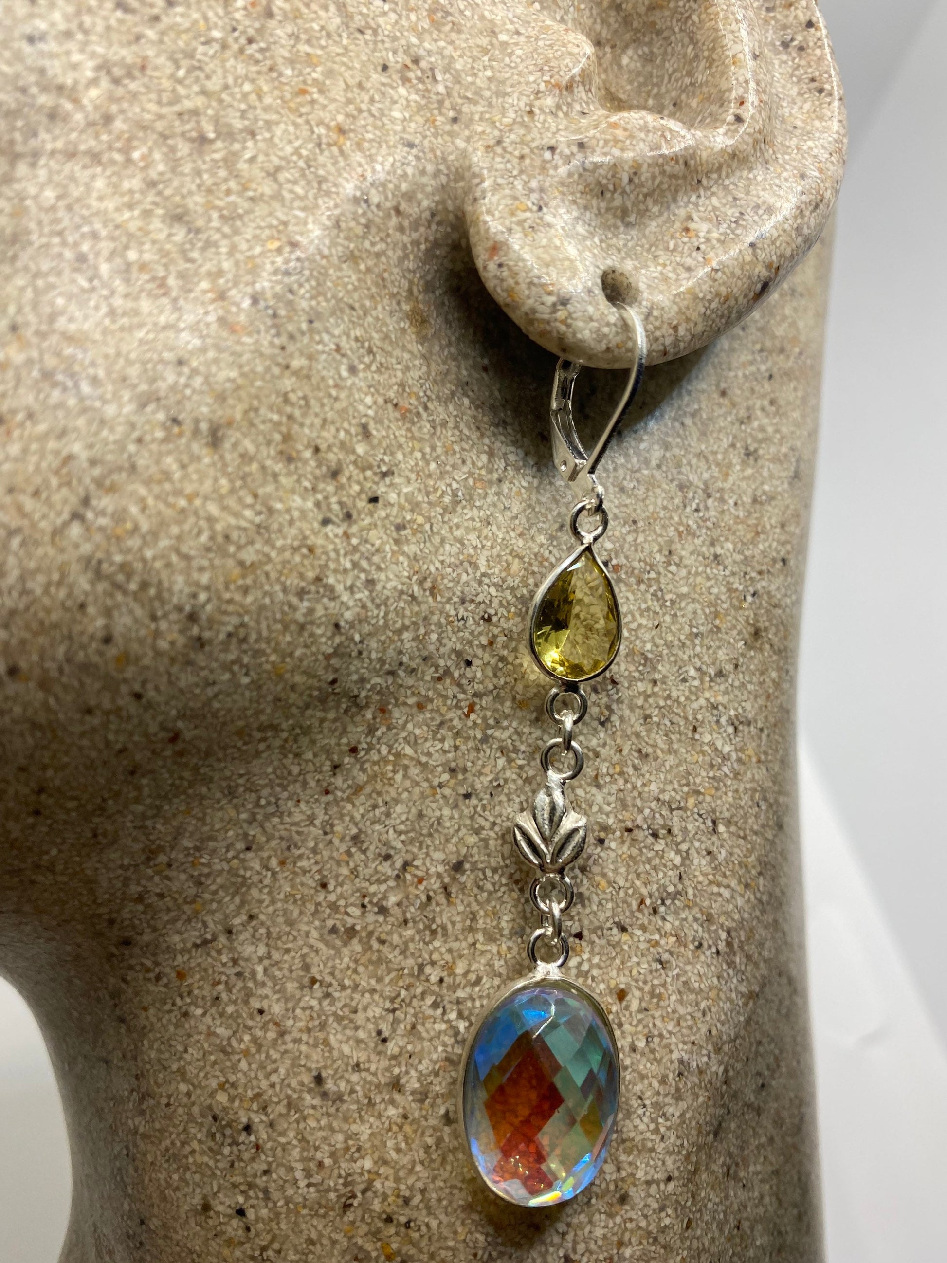 Antique Vintage White Opal Glass Citrine Silver Dangle Earrings