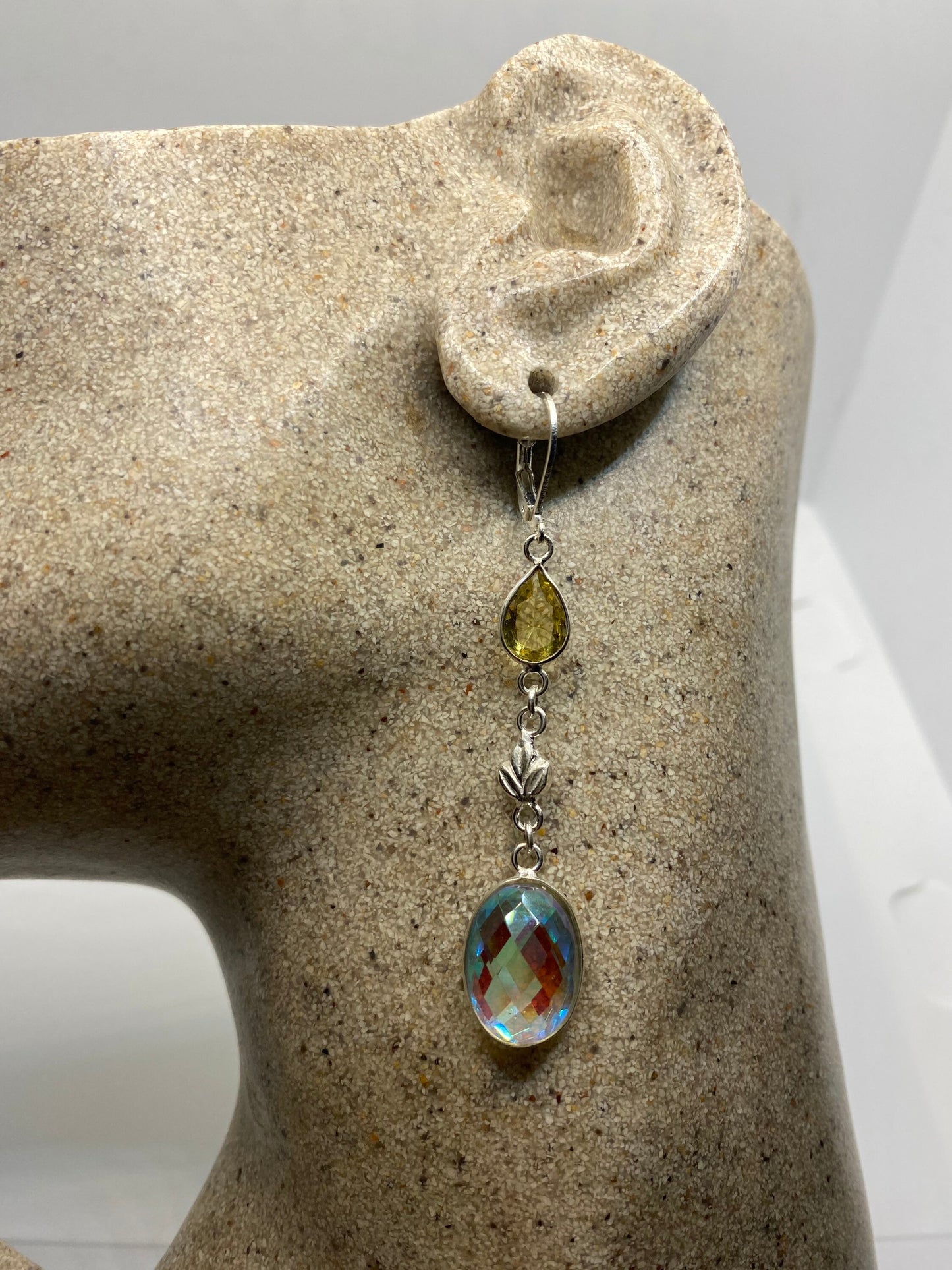 Antique Vintage White Opal Glass Citrine Silver Dangle Earrings