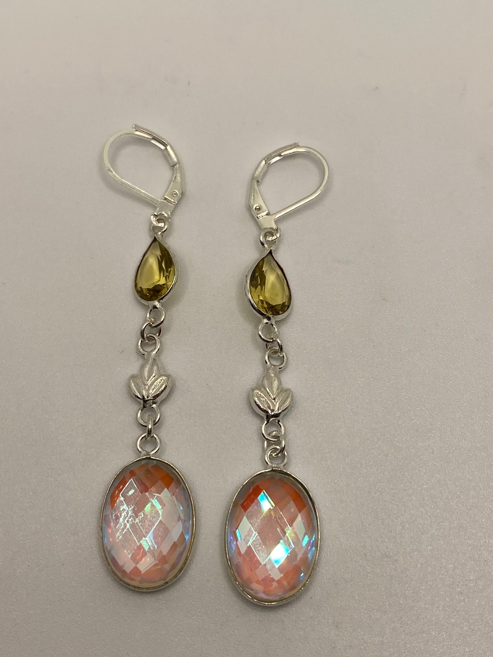 Antique Vintage White Opal Glass Citrine Silver Dangle Earrings