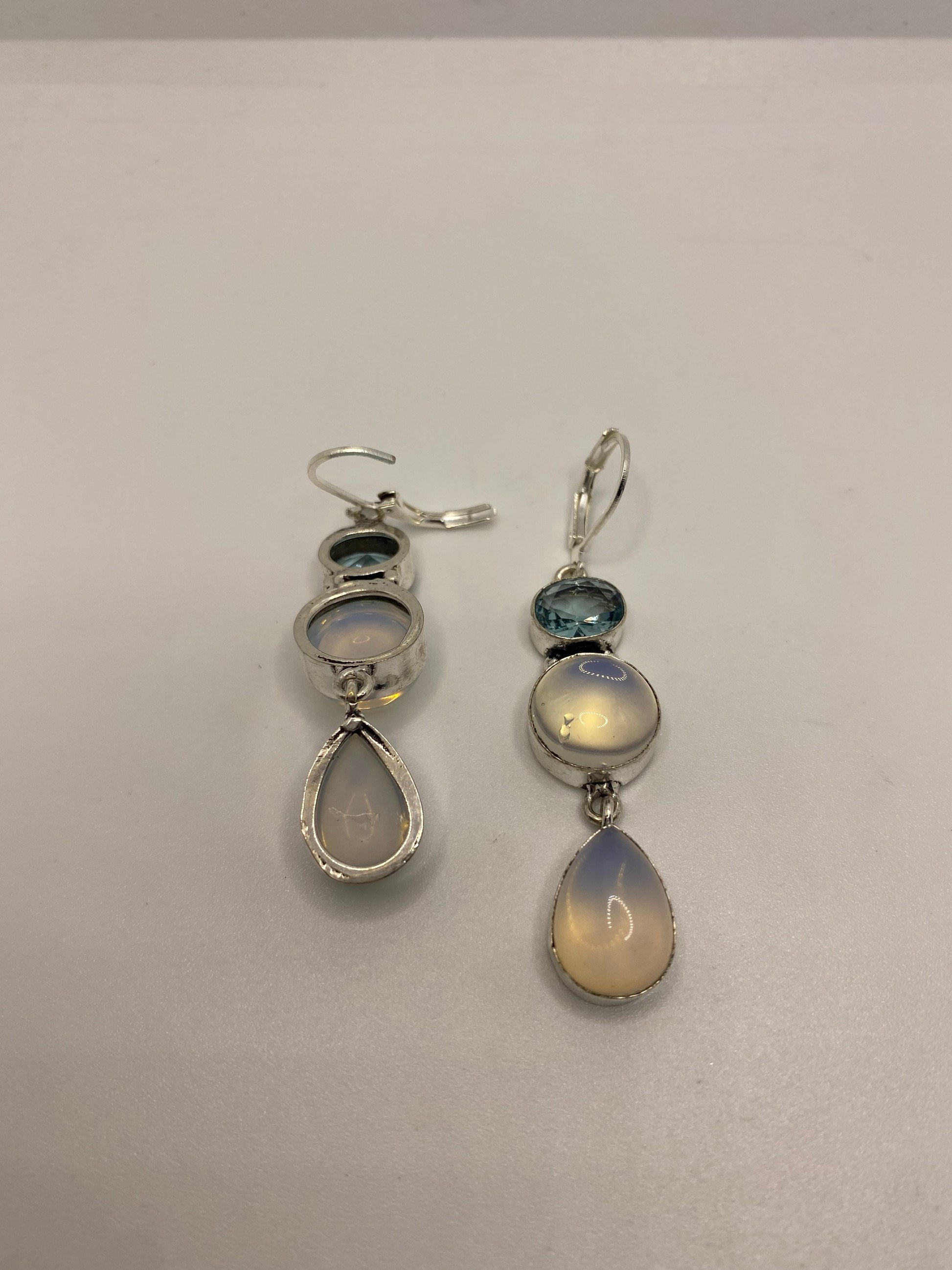 Antique Vintage Blue White Opal Glass Silver Dangle Earrings