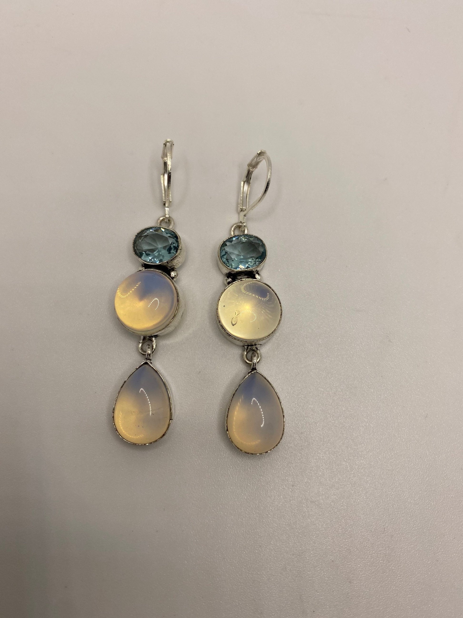 Antique Vintage Blue White Opal Glass Silver Dangle Earrings