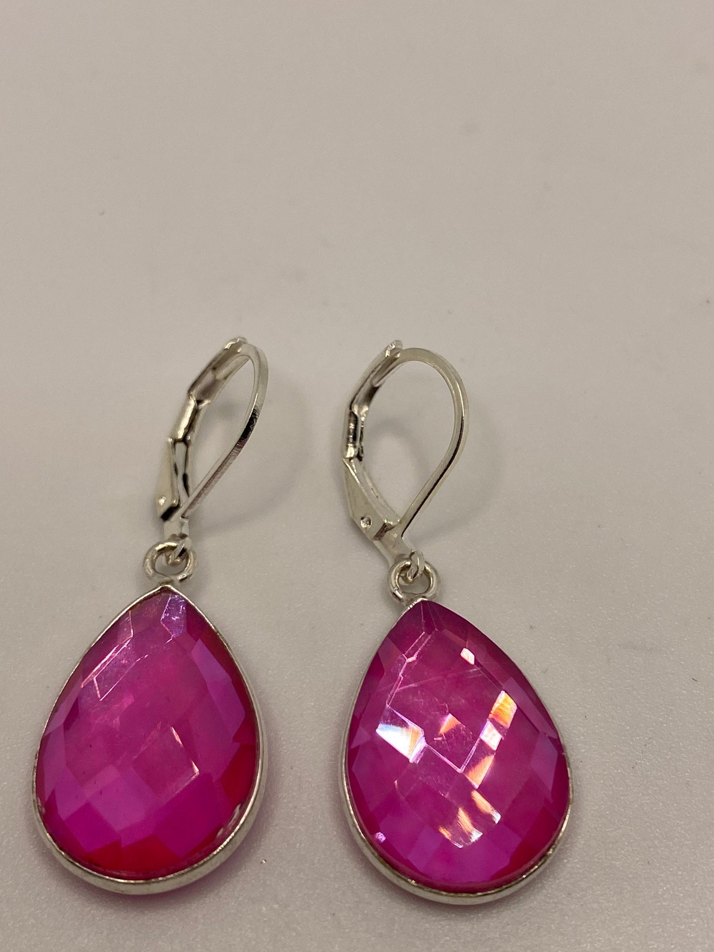 Antique Vintage Pink Opal Glass Silver Dangle Earrings