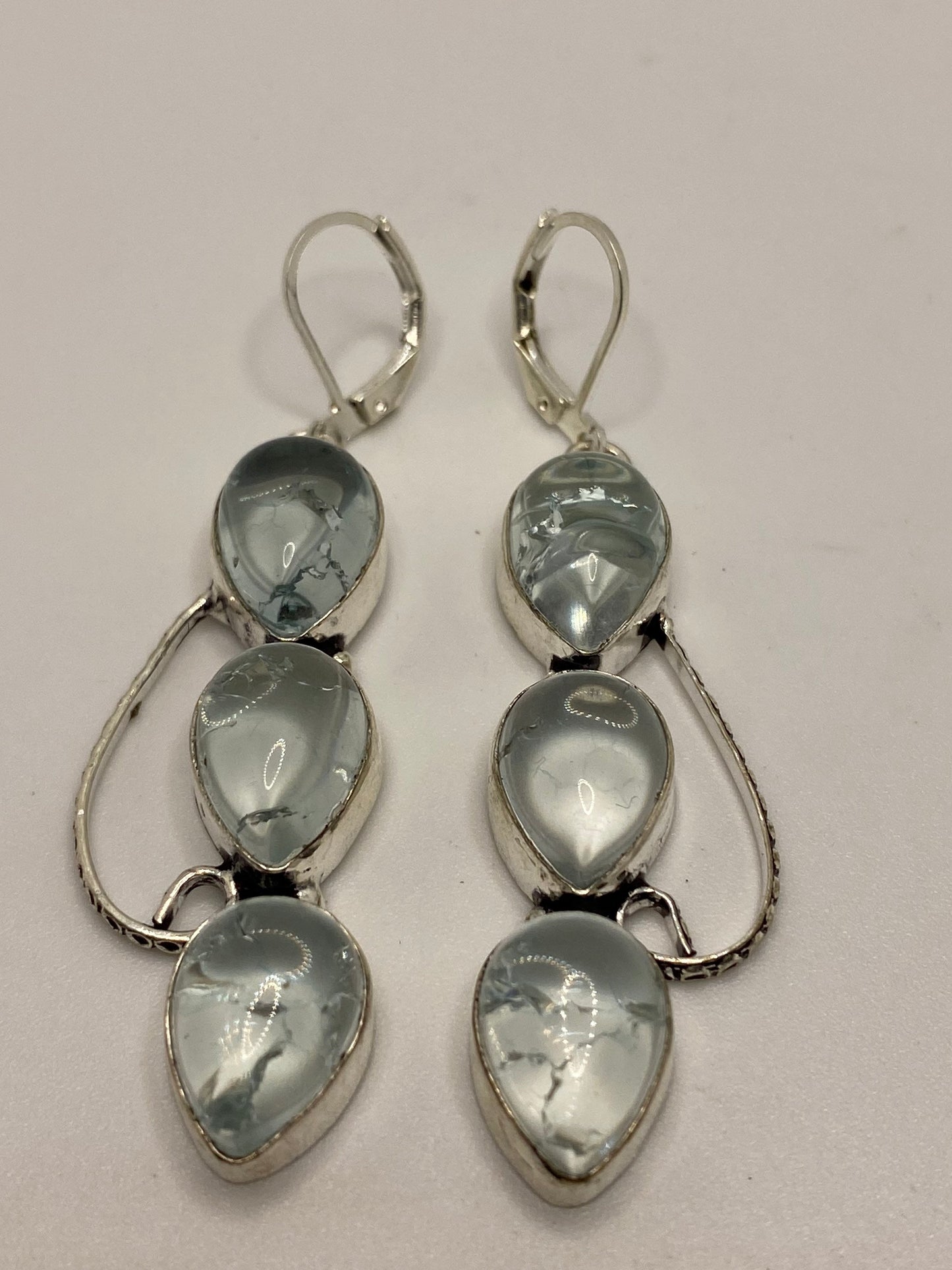 Antique Vintage Aqua Blue Volcanic Glass Silver Dangle Earrings