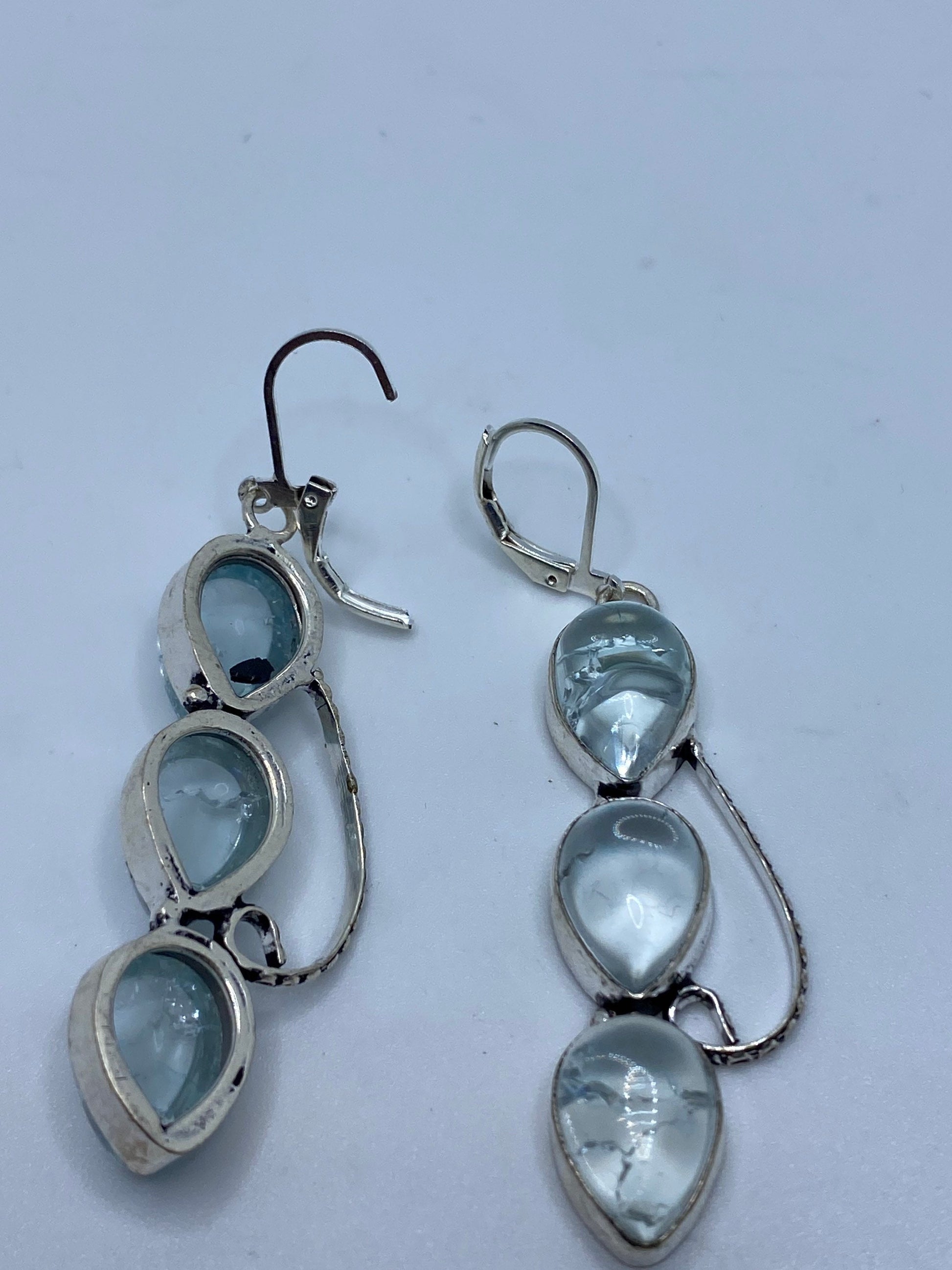 Antique Vintage Aqua Blue Volcanic Glass Silver Dangle Earrings