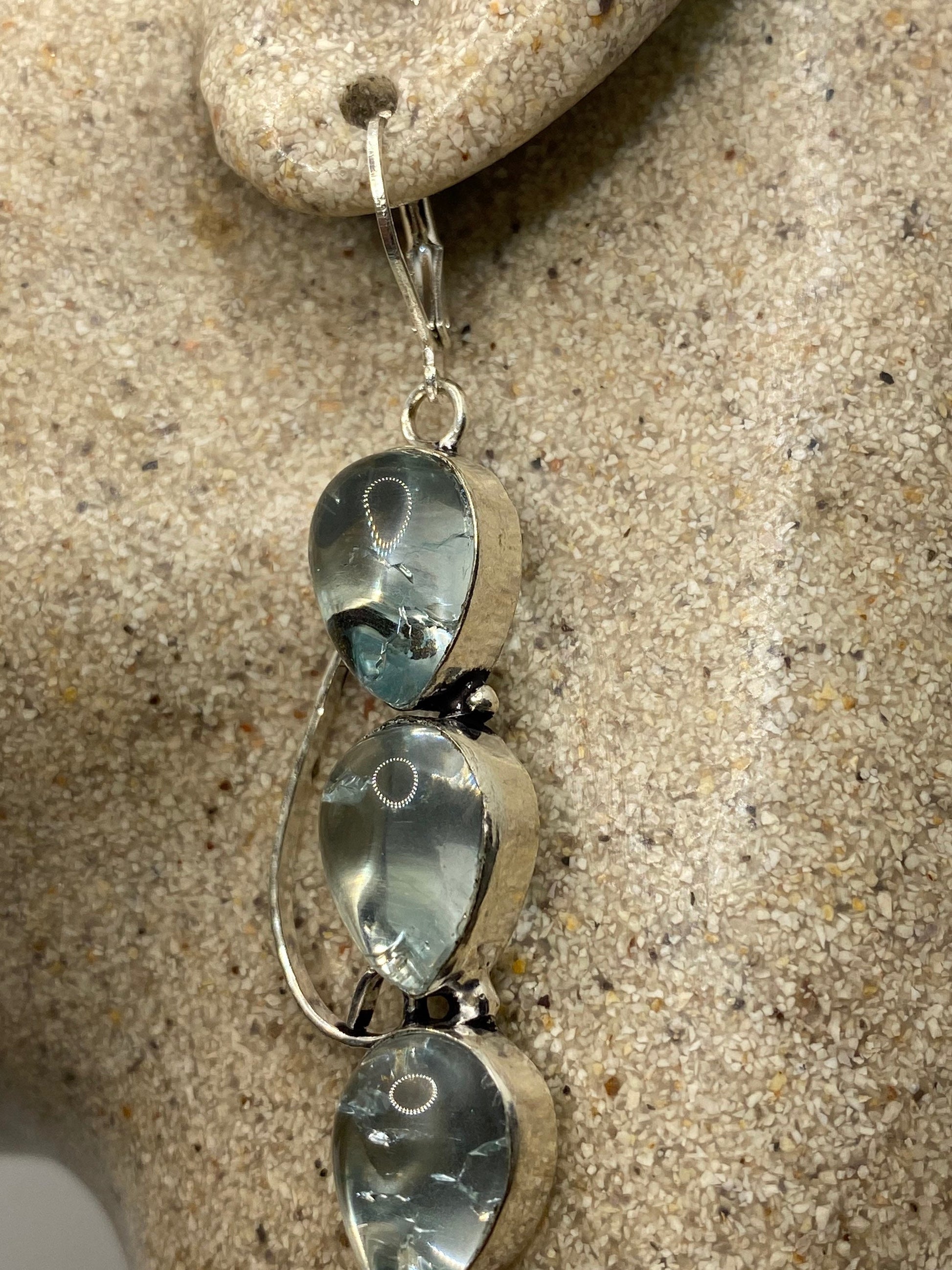 Antique Vintage Aqua Blue Volcanic Glass Silver Dangle Earrings