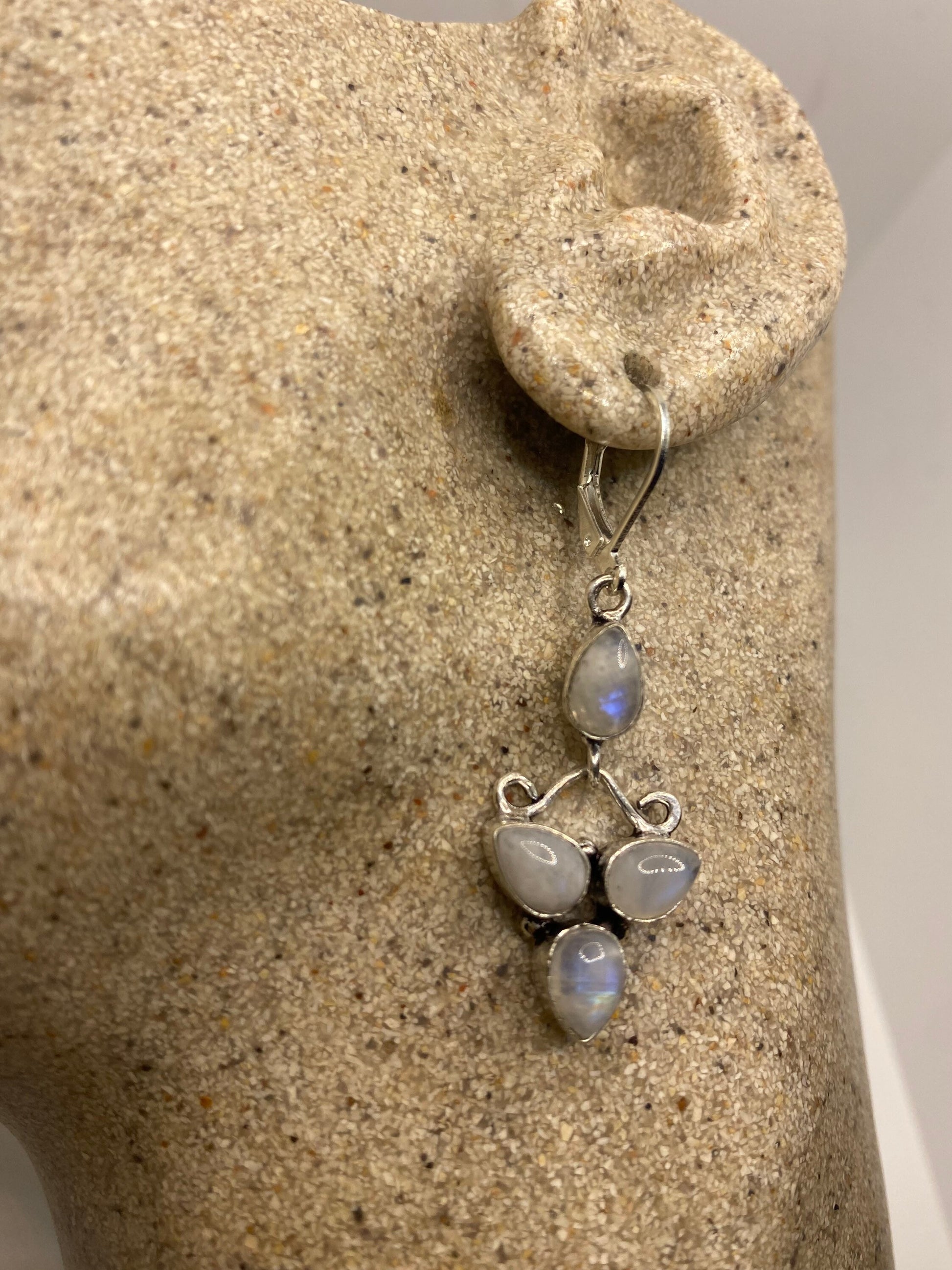 Vintage Rainbow Moonstone Silver Dangle Earrings