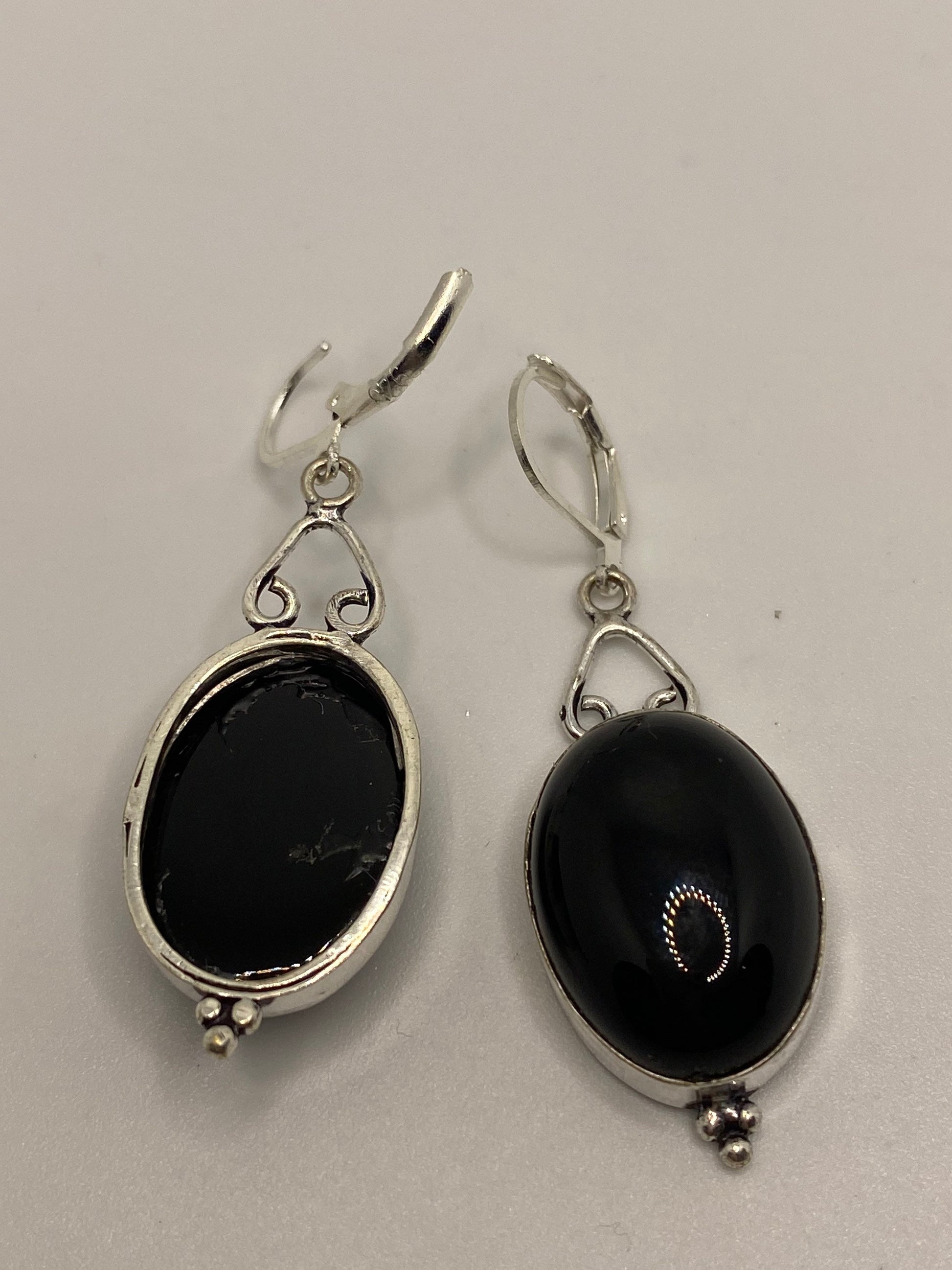 Antique Vintage Black Onyx 925 Silver Dangle LeverBack Earrings
