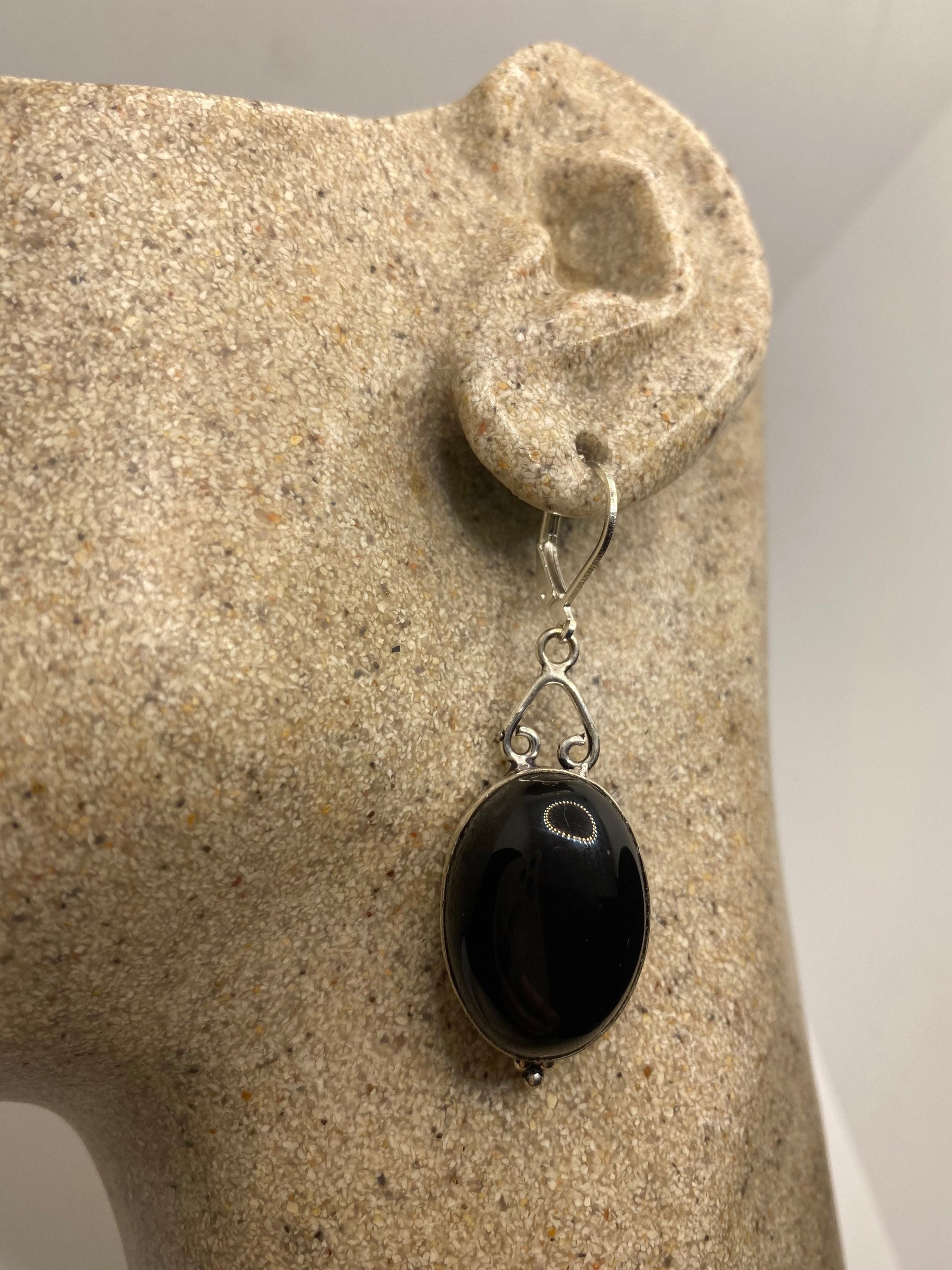 Antique Vintage Black Onyx 925 Silver Dangle LeverBack Earrings