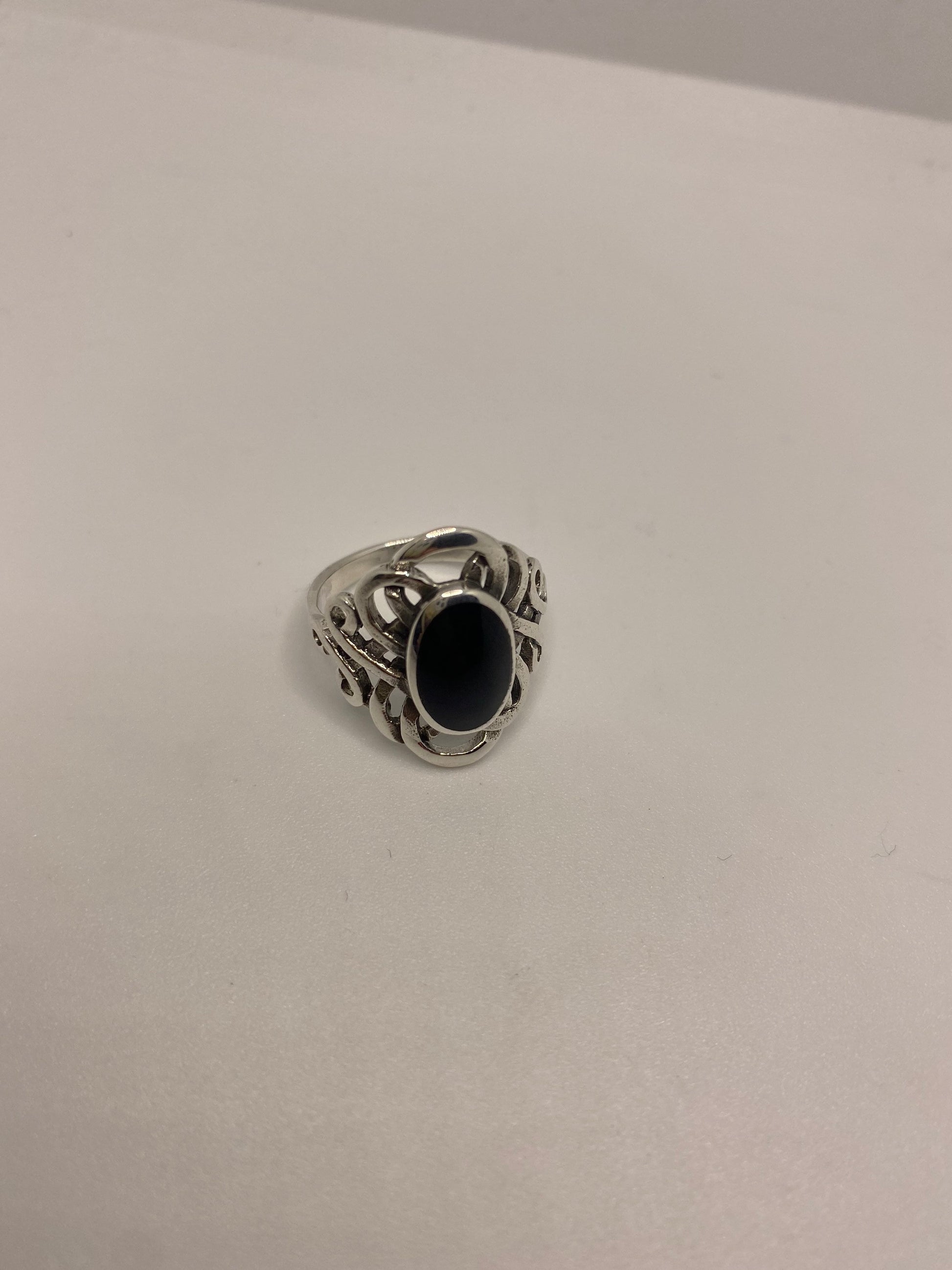 Vintage Celtic Genuine Black Onyx 925 Sterling Silver Ring