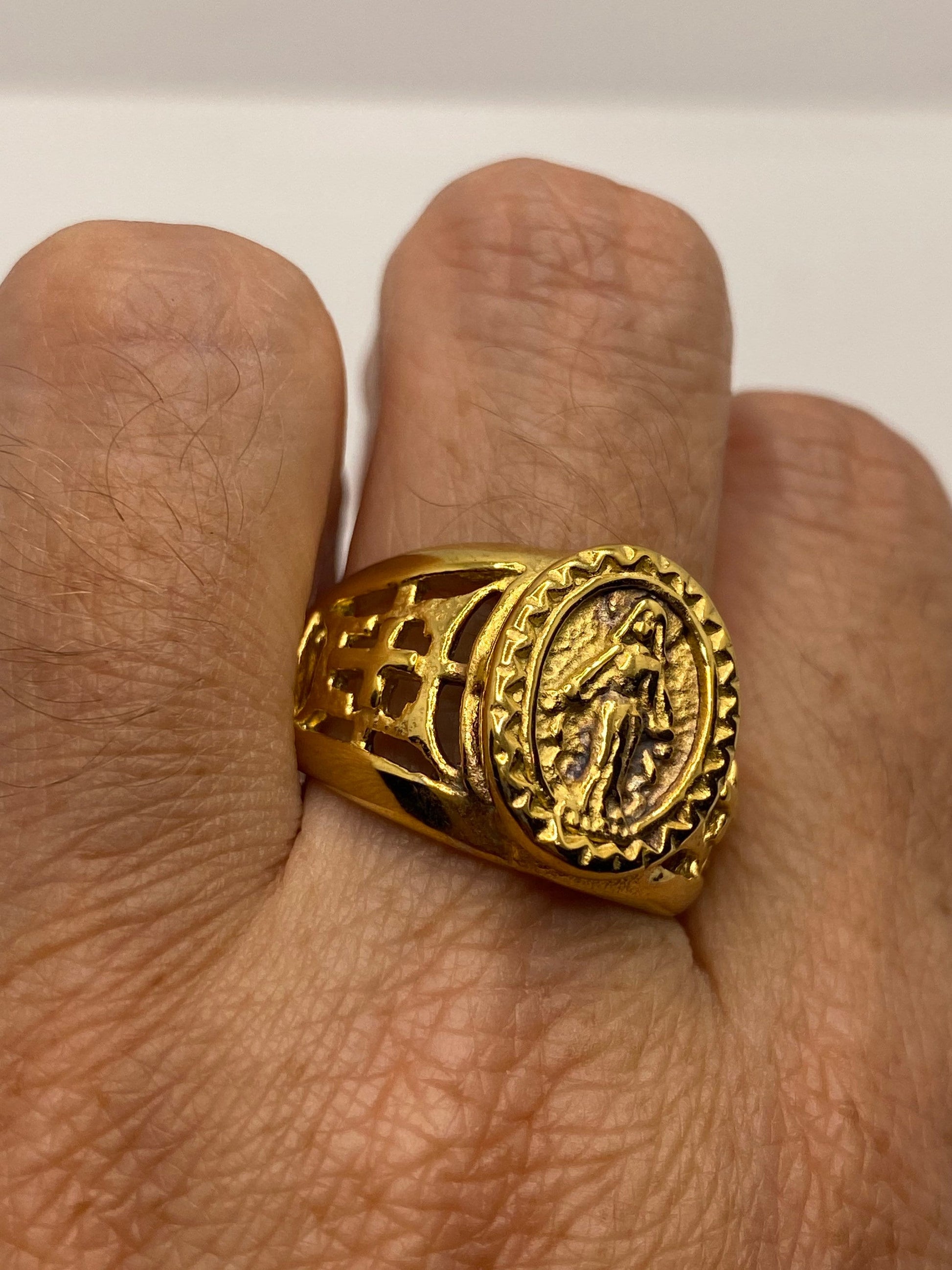 Vintage Mother Mary Saint Mens Ring Golden Stainless Steel