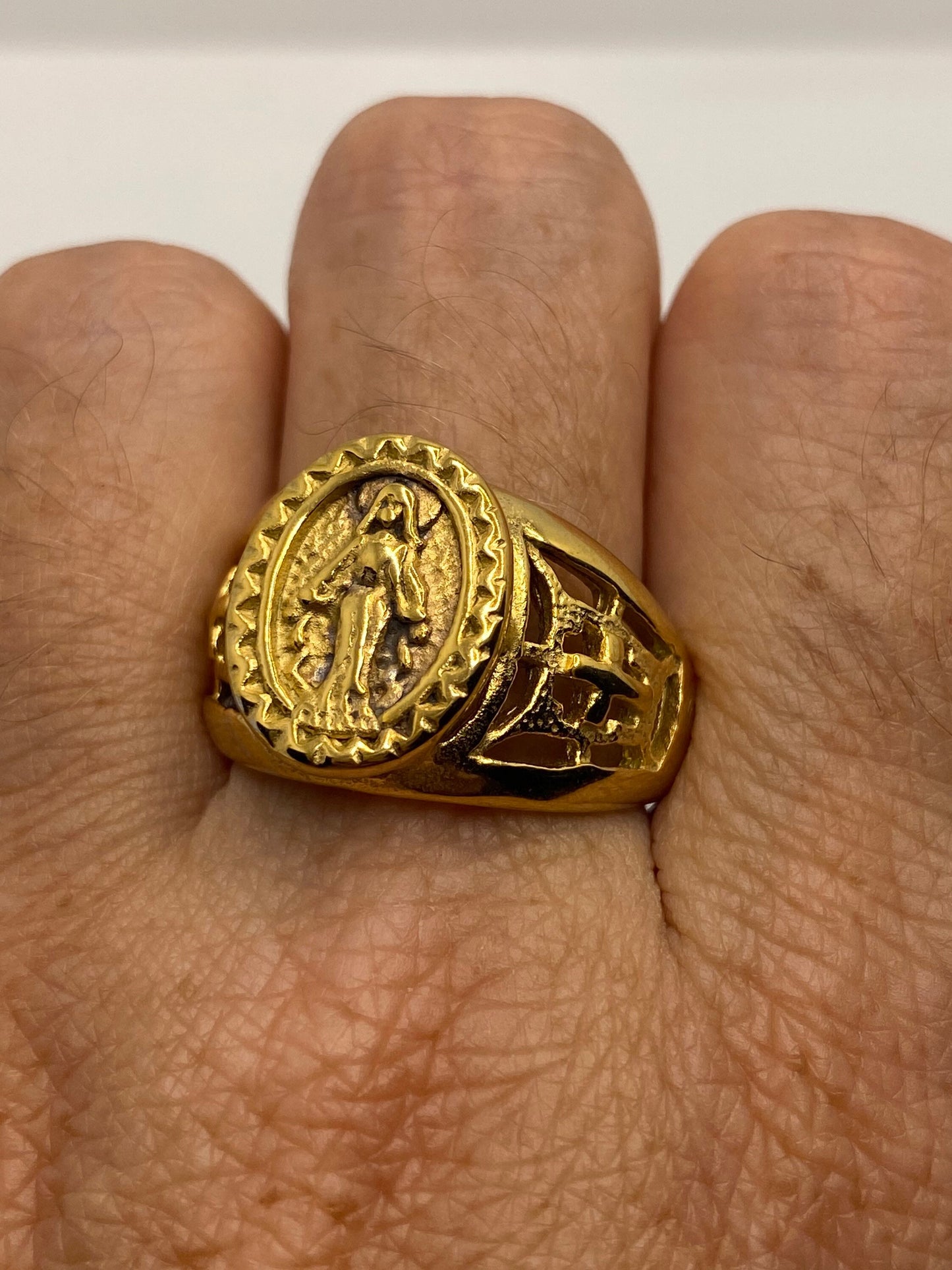 Vintage Mother Mary Saint Mens Ring Golden Stainless Steel